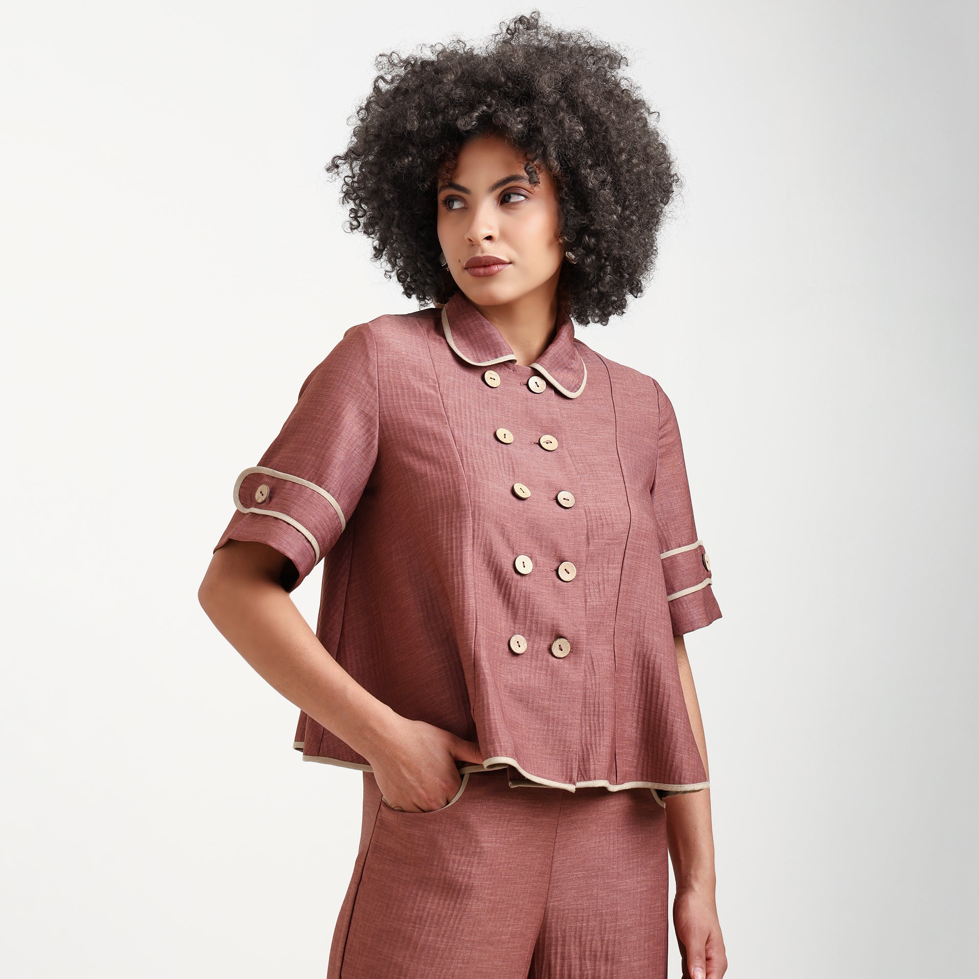 Peach Textured Overlap Top With Beige Piping