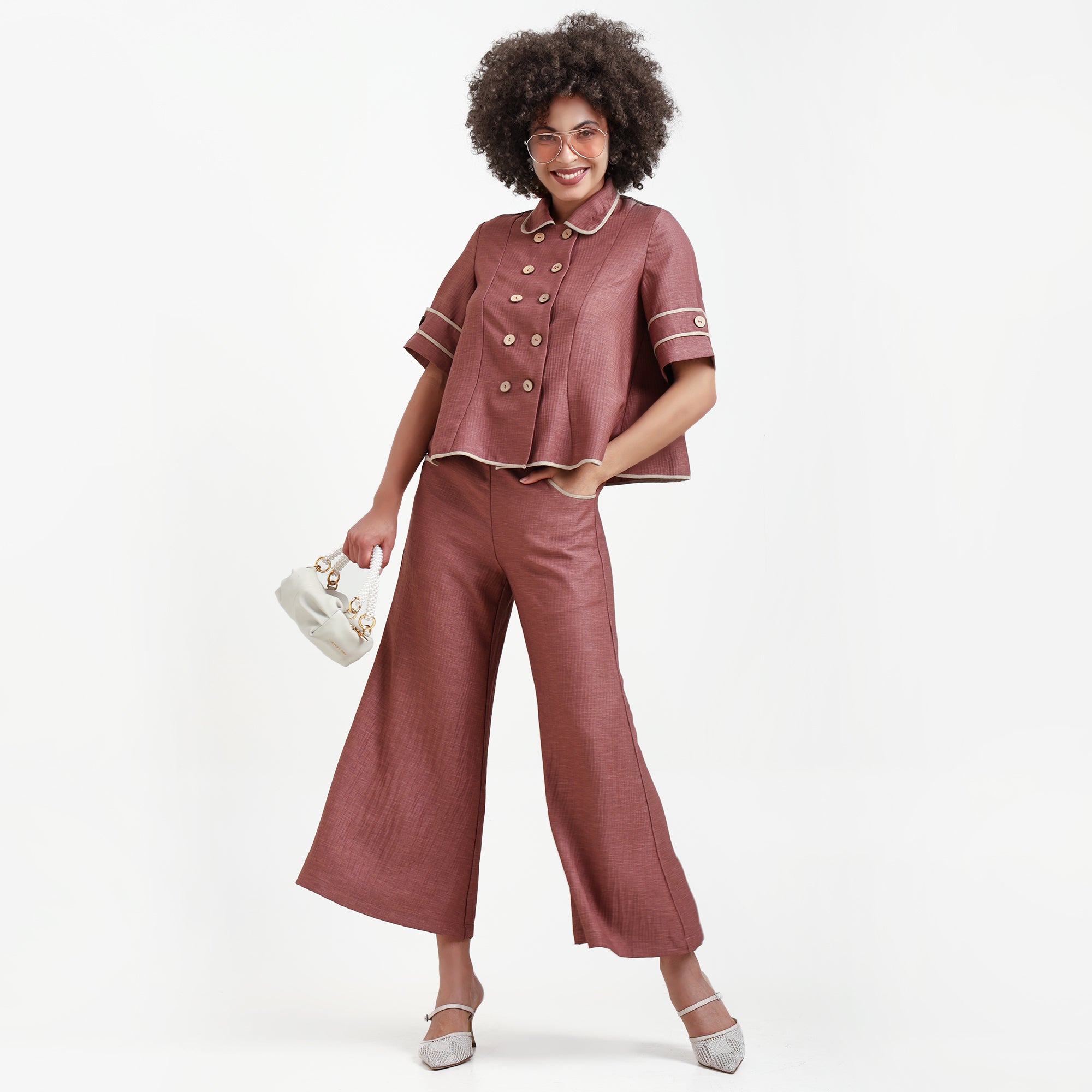 Peach Textured Overlap Top With Beige Piping