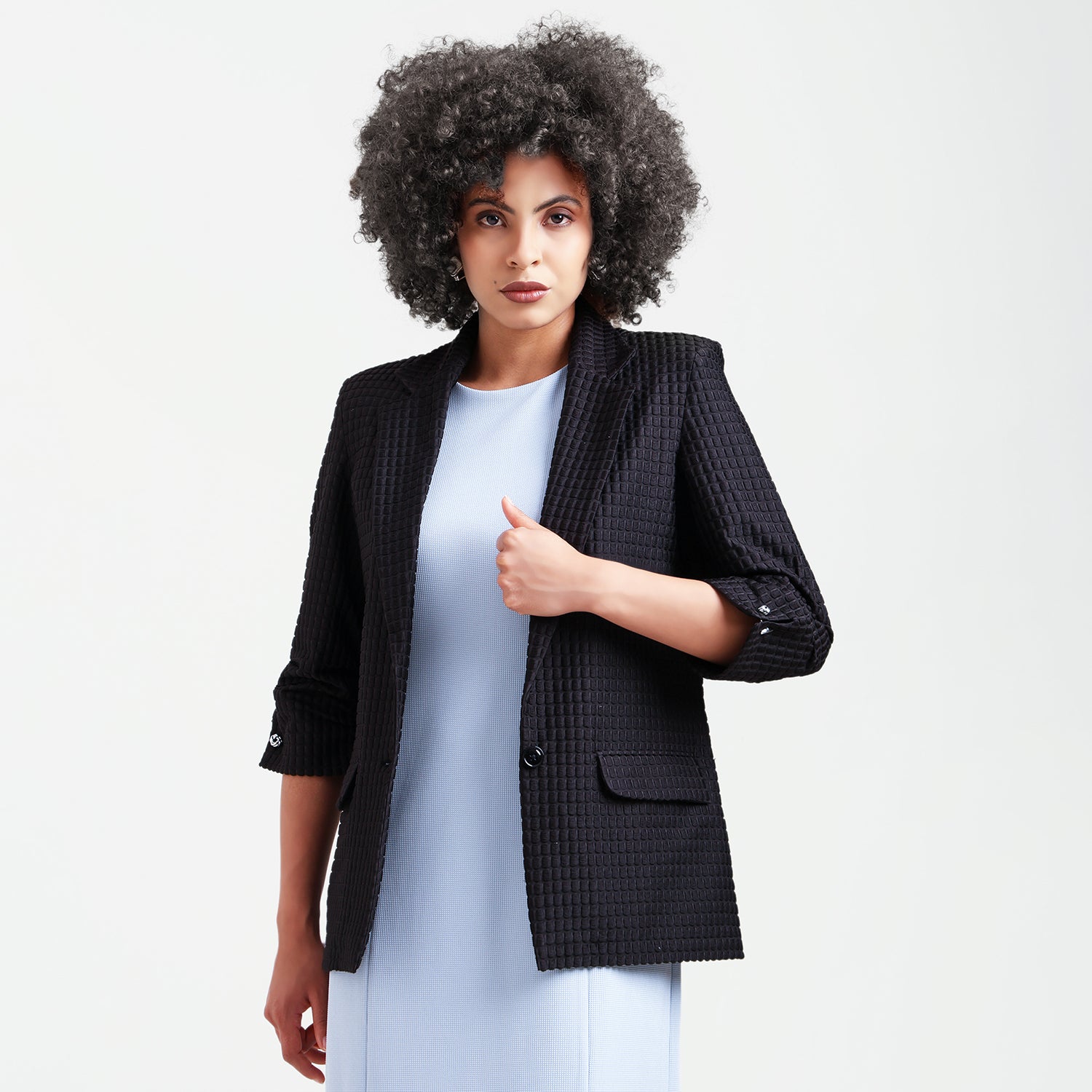 Black Square Textured Jacket With Cufflinks