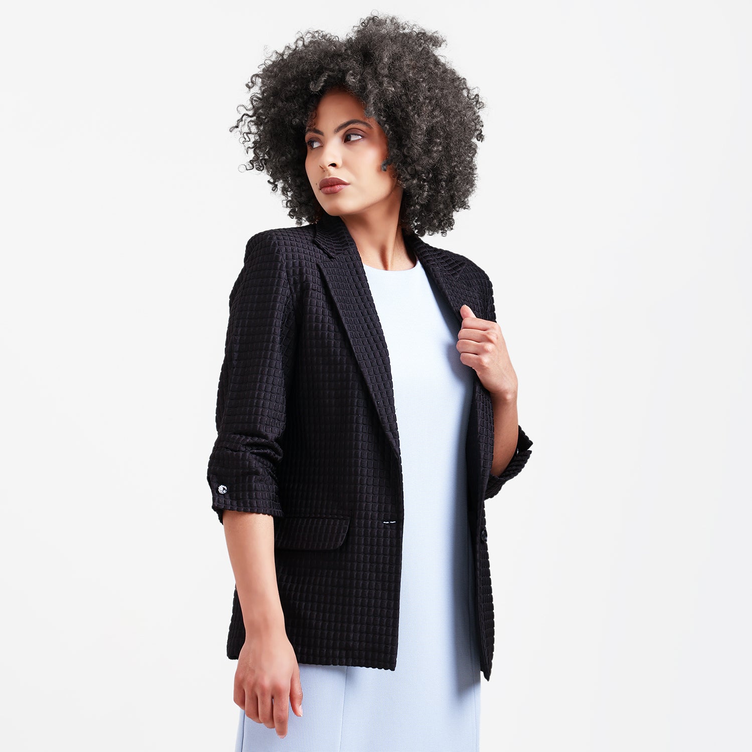 Black Square Textured Jacket With Cufflinks