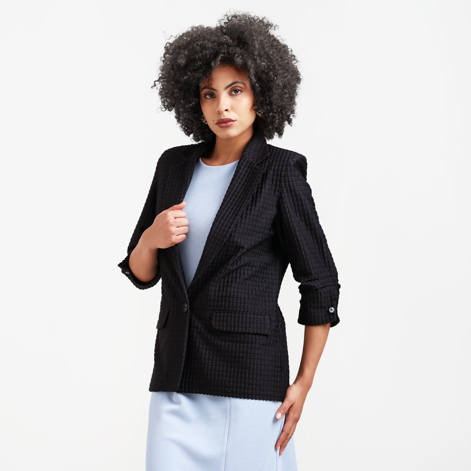 Black Square Textured Jacket With Cufflinks