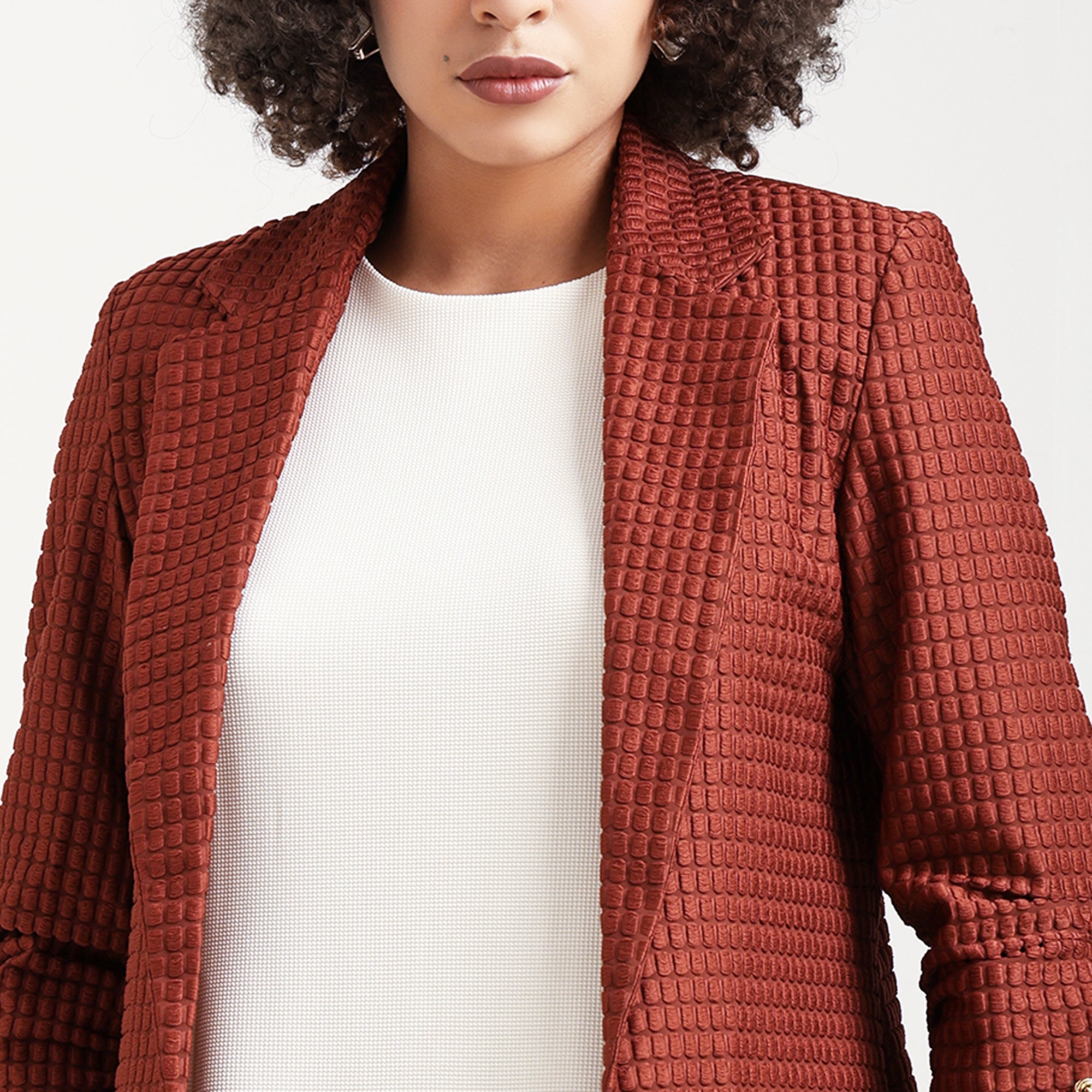 Brown Square Textured Jacket With Cufflinks