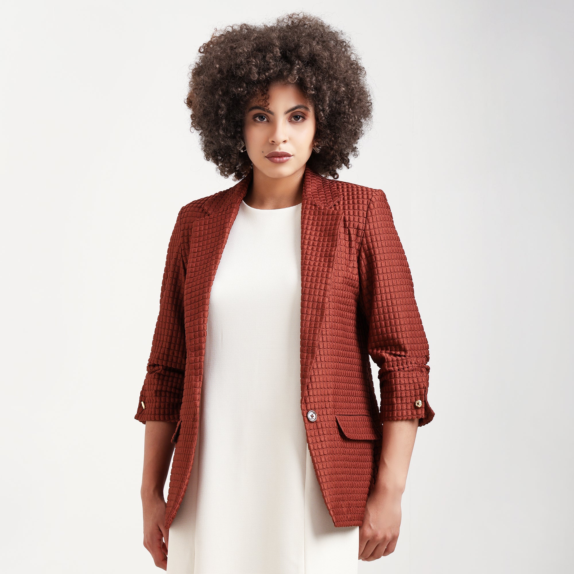 Brown Square Textured Jacket With Cufflinks