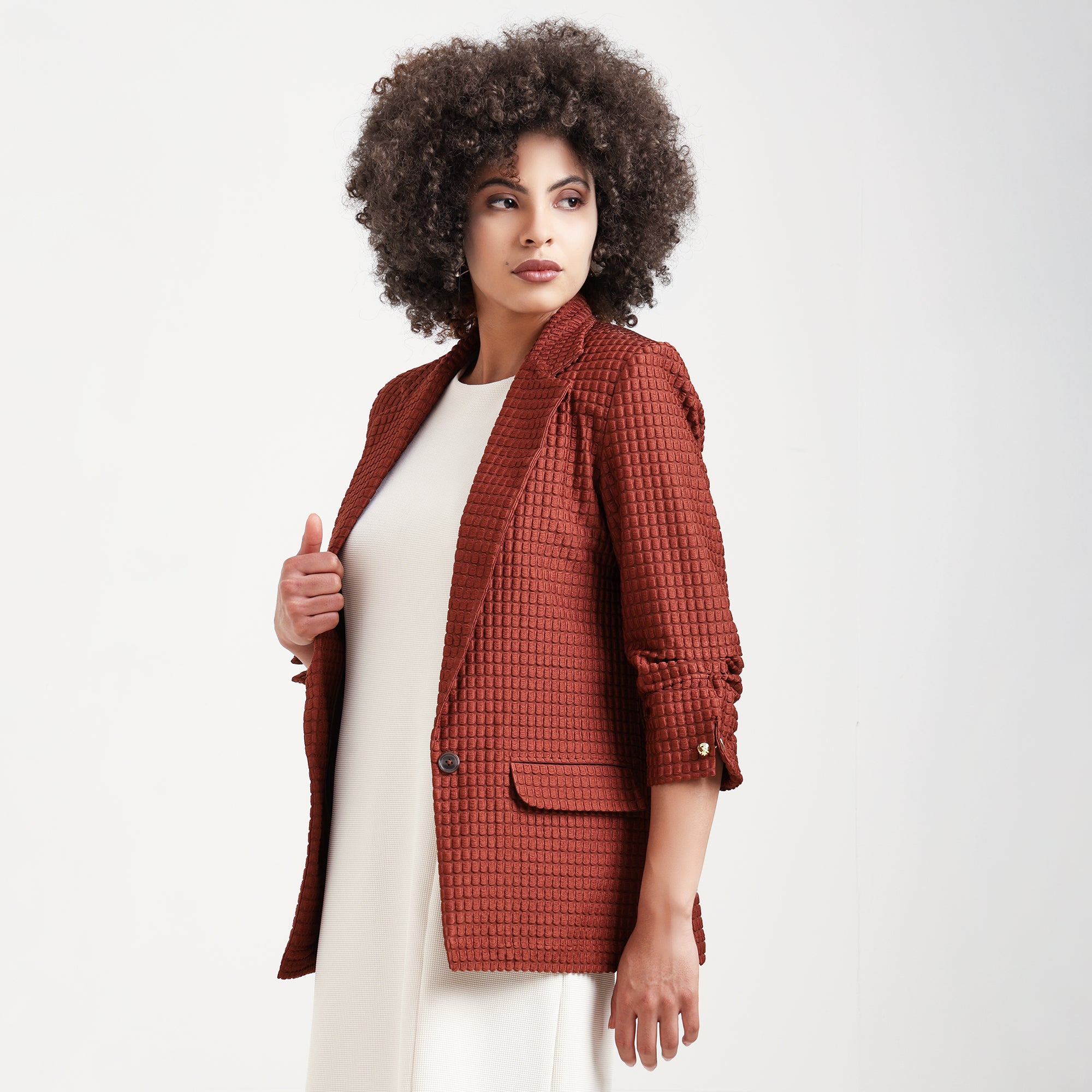 Brown Square Textured Jacket With Cufflinks