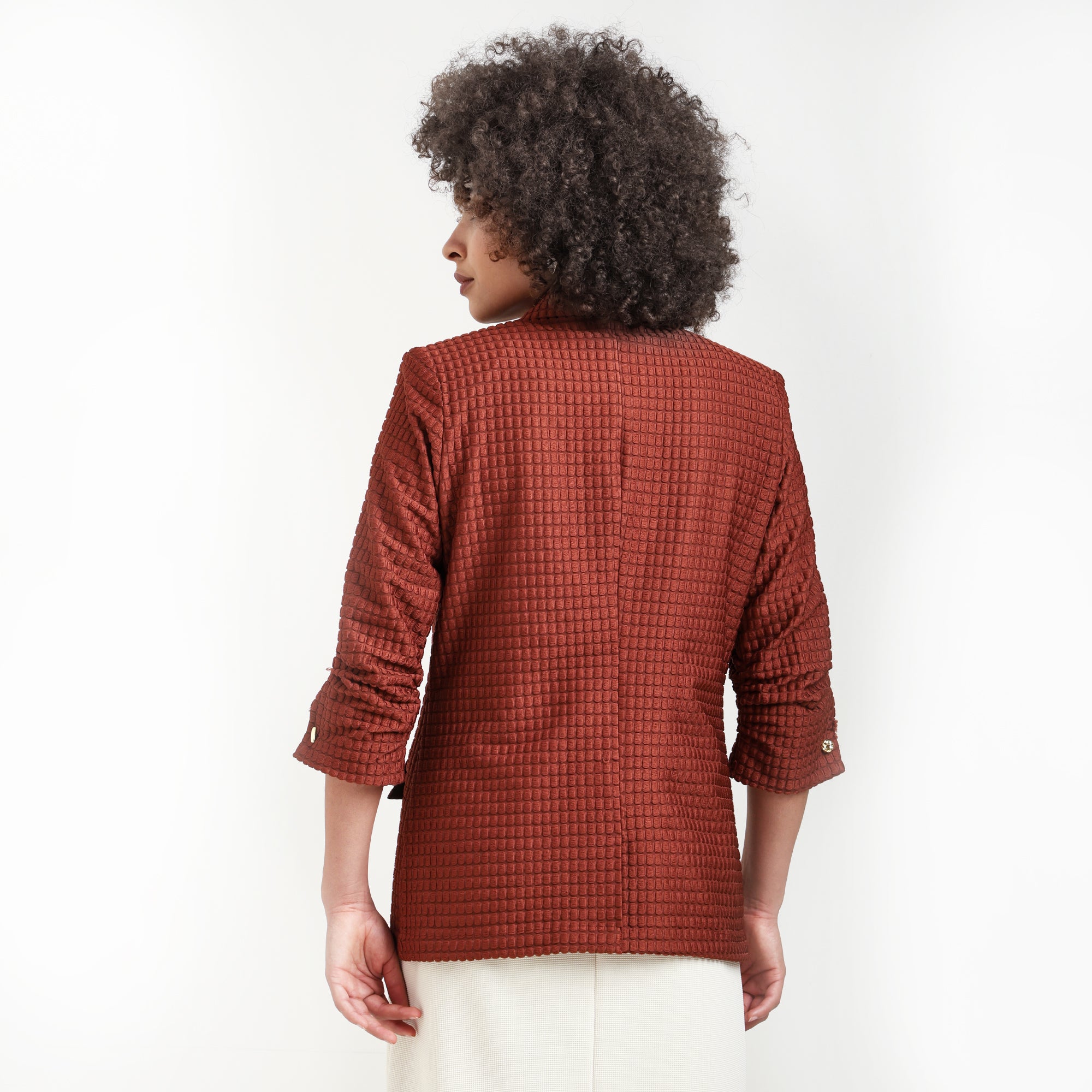 Brown Square Textured Jacket With Cufflinks