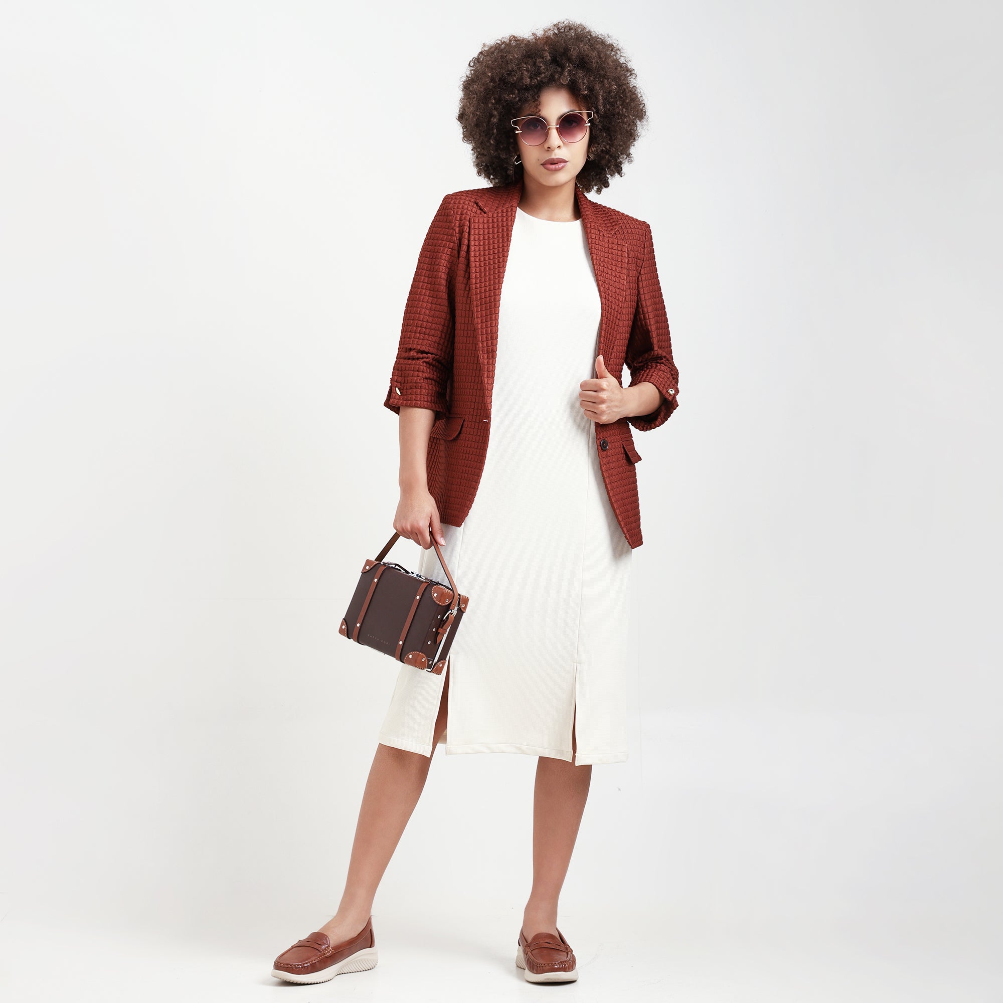 Brown Square Textured Jacket With Cufflinks