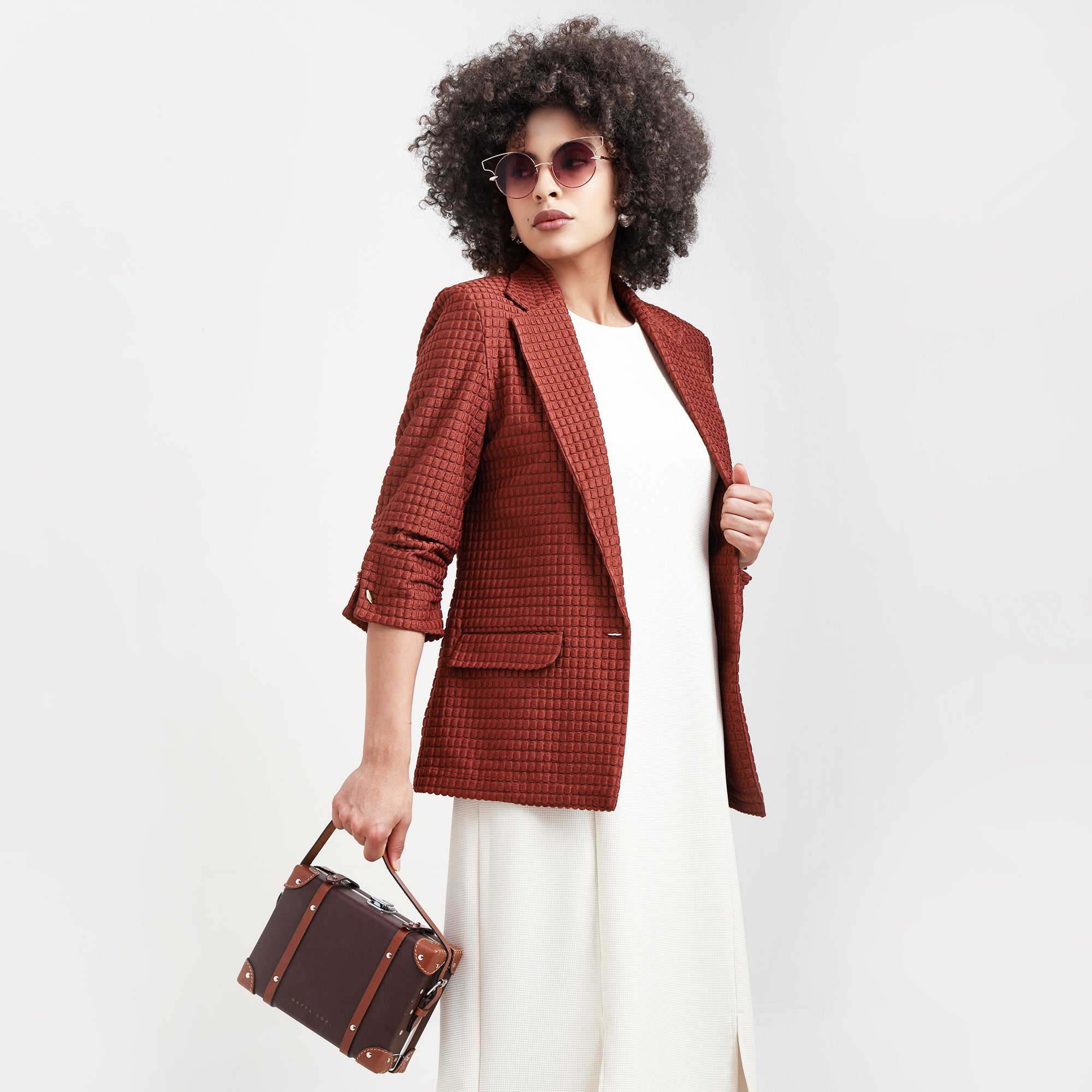 Brown Square Textured Jacket With Cufflinks