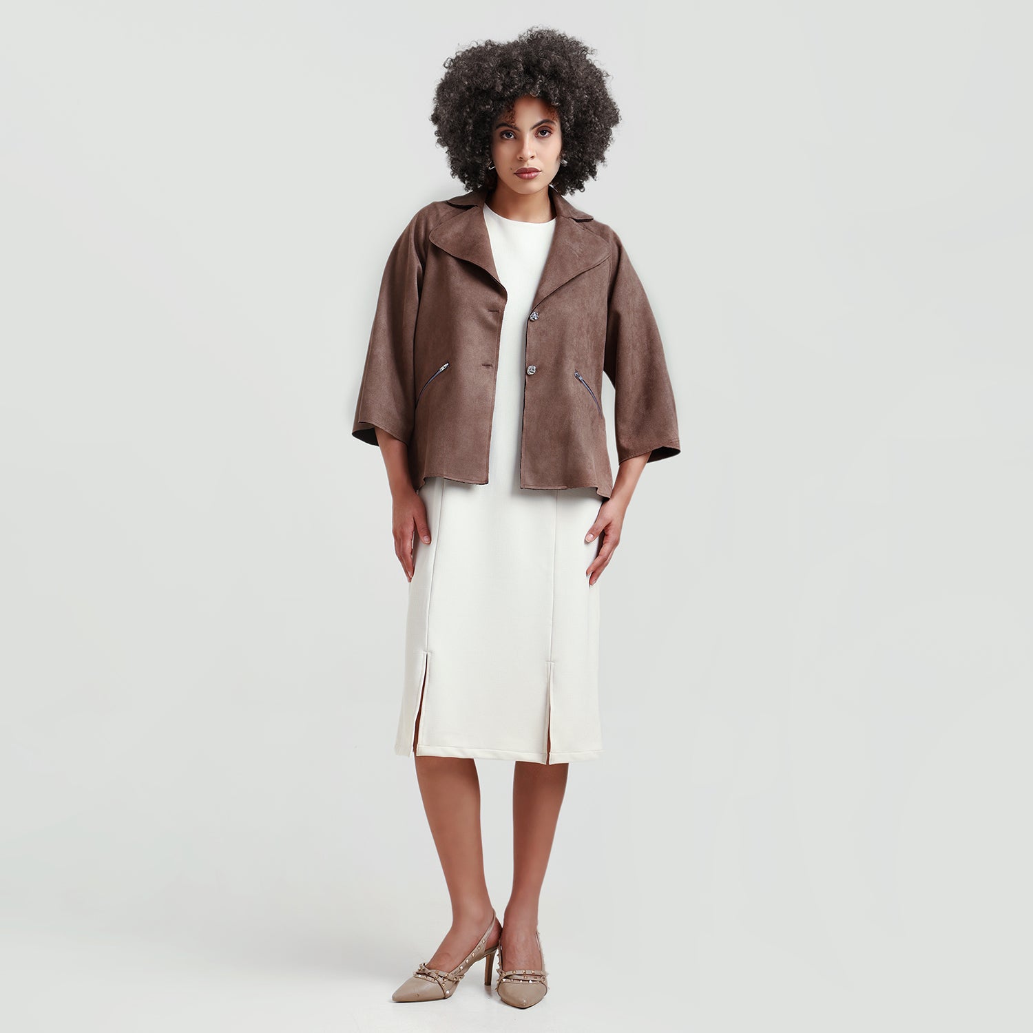 Brown Suede Jacket Bell Sleeve With Metal Silver Zip At Pocket