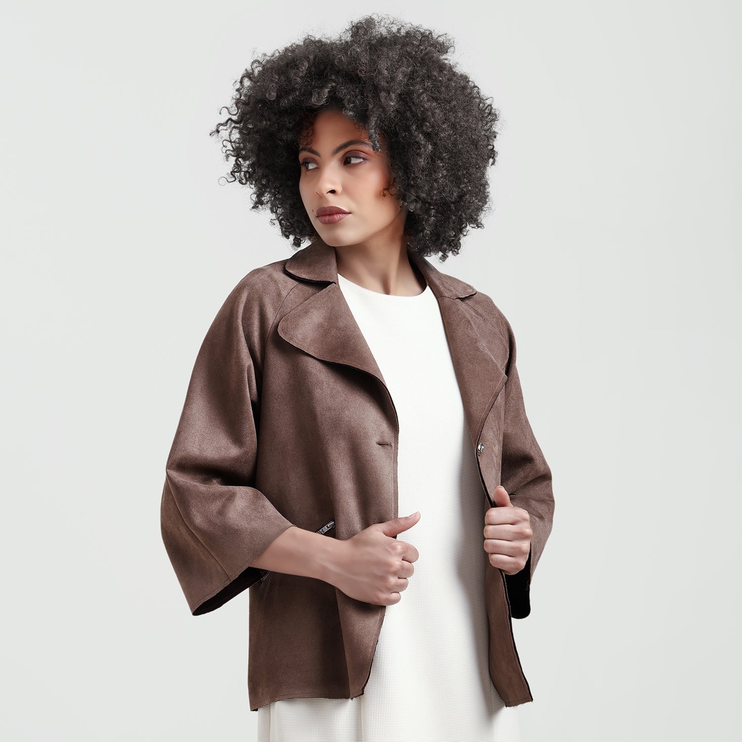 Brown Suede Jacket Bell Sleeve With Metal Silver Zip At Pocket
