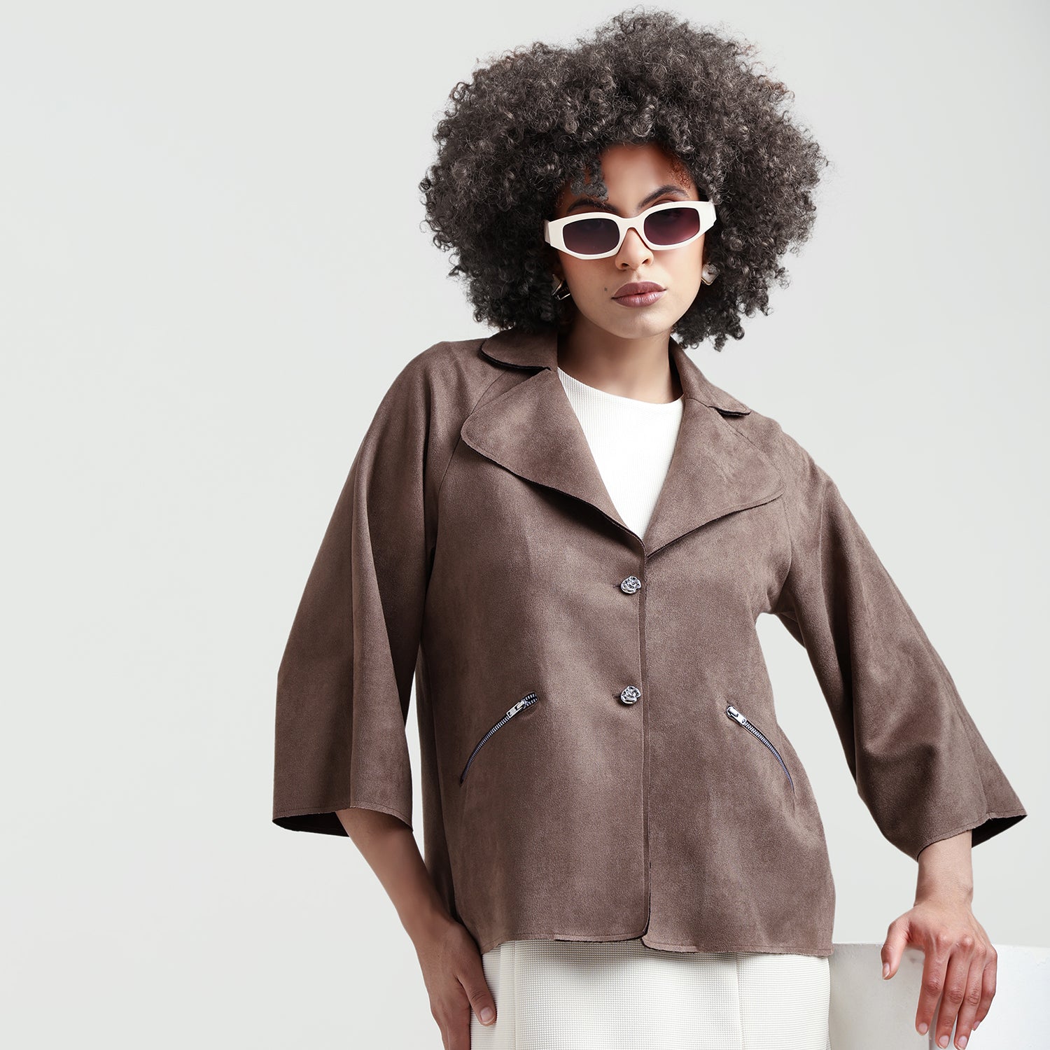 Brown Suede Jacket Bell Sleeve With Metal Silver Zip At Pocket