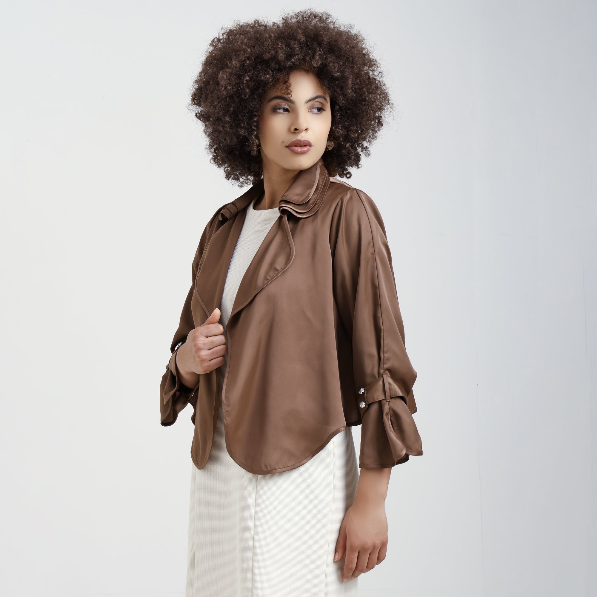 Brown Satin Shrug With Layered Collar