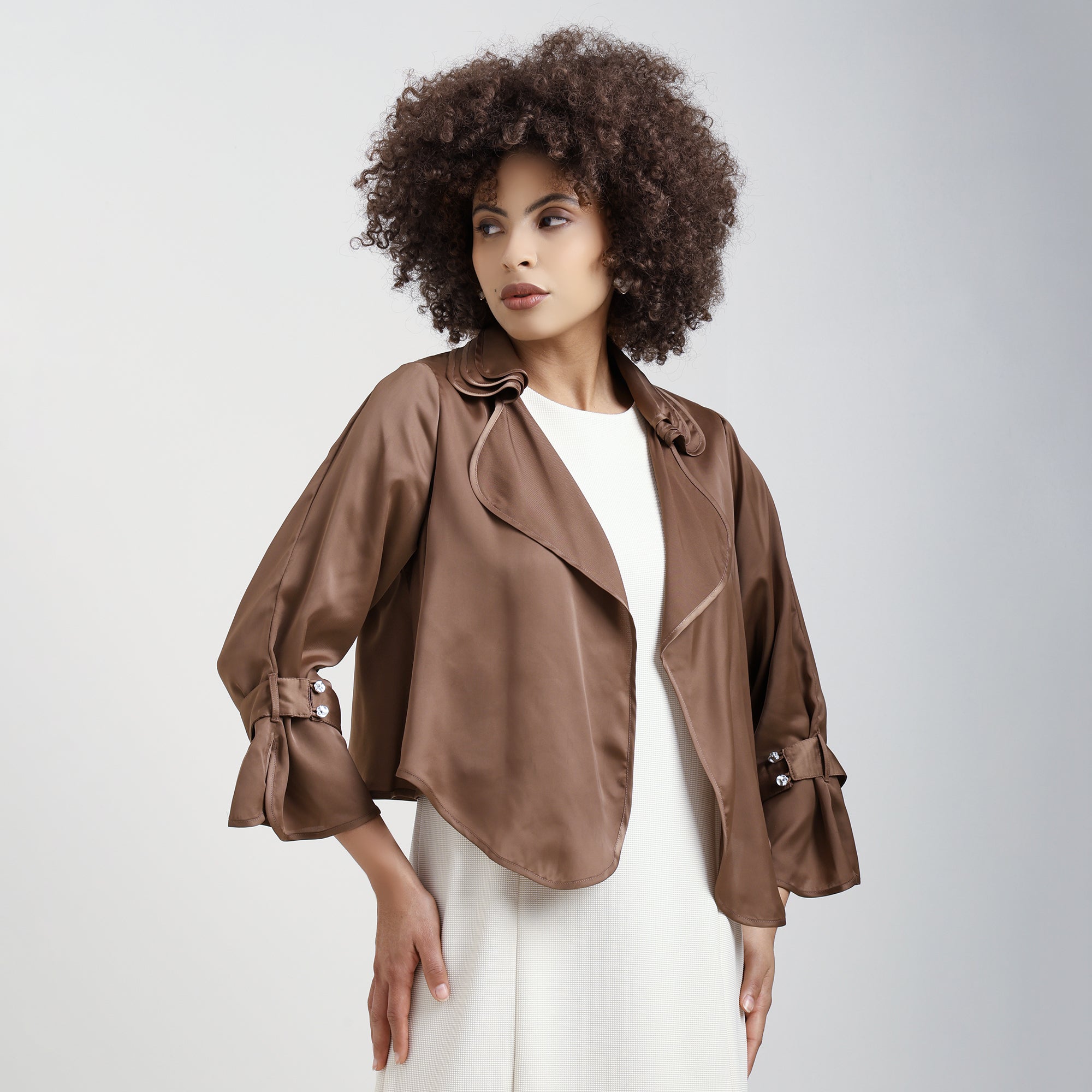 Brown Satin Shrug With Layered Collar