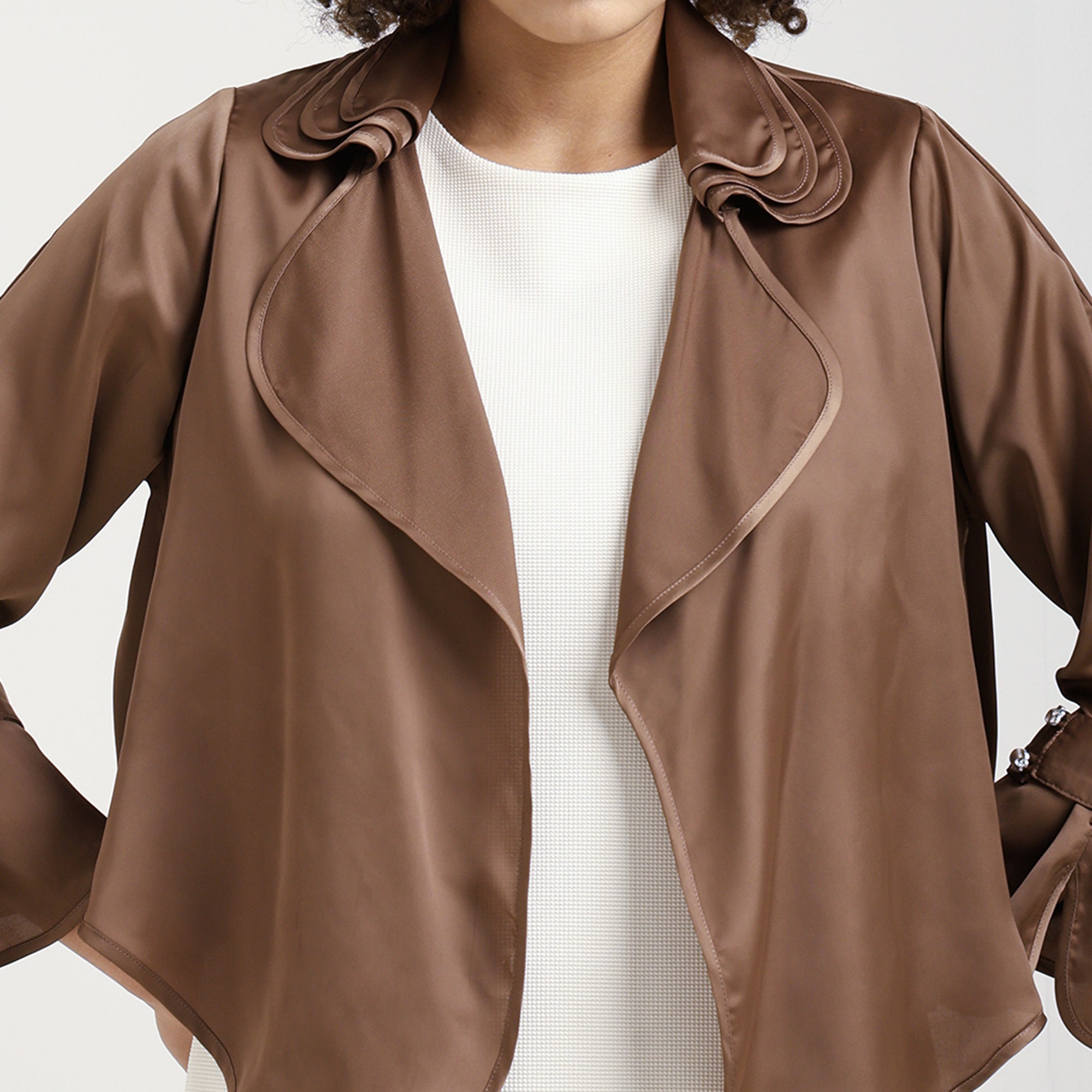 Brown Satin Shrug With Layered Collar
