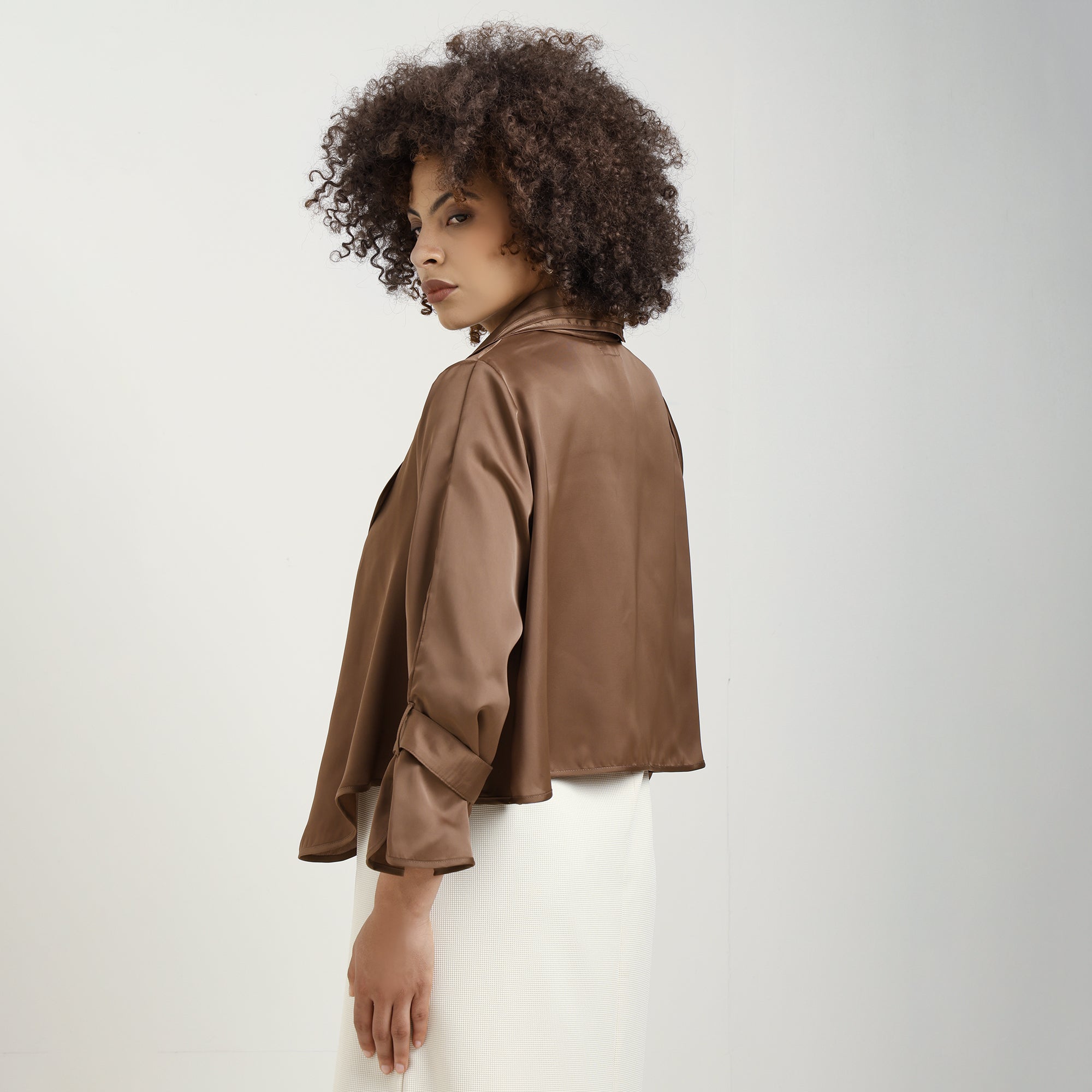 Brown Satin Shrug With Layered Collar