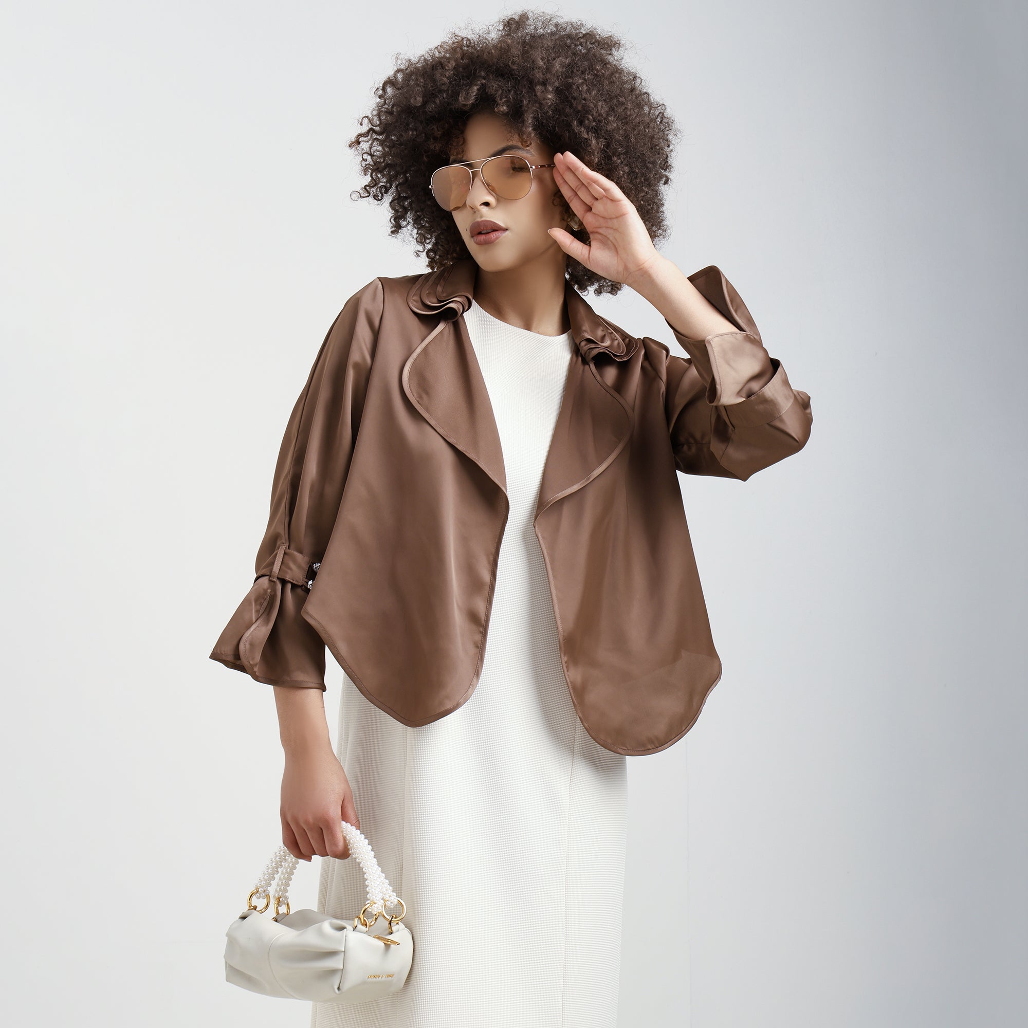 Brown Satin Shrug With Layered Collar