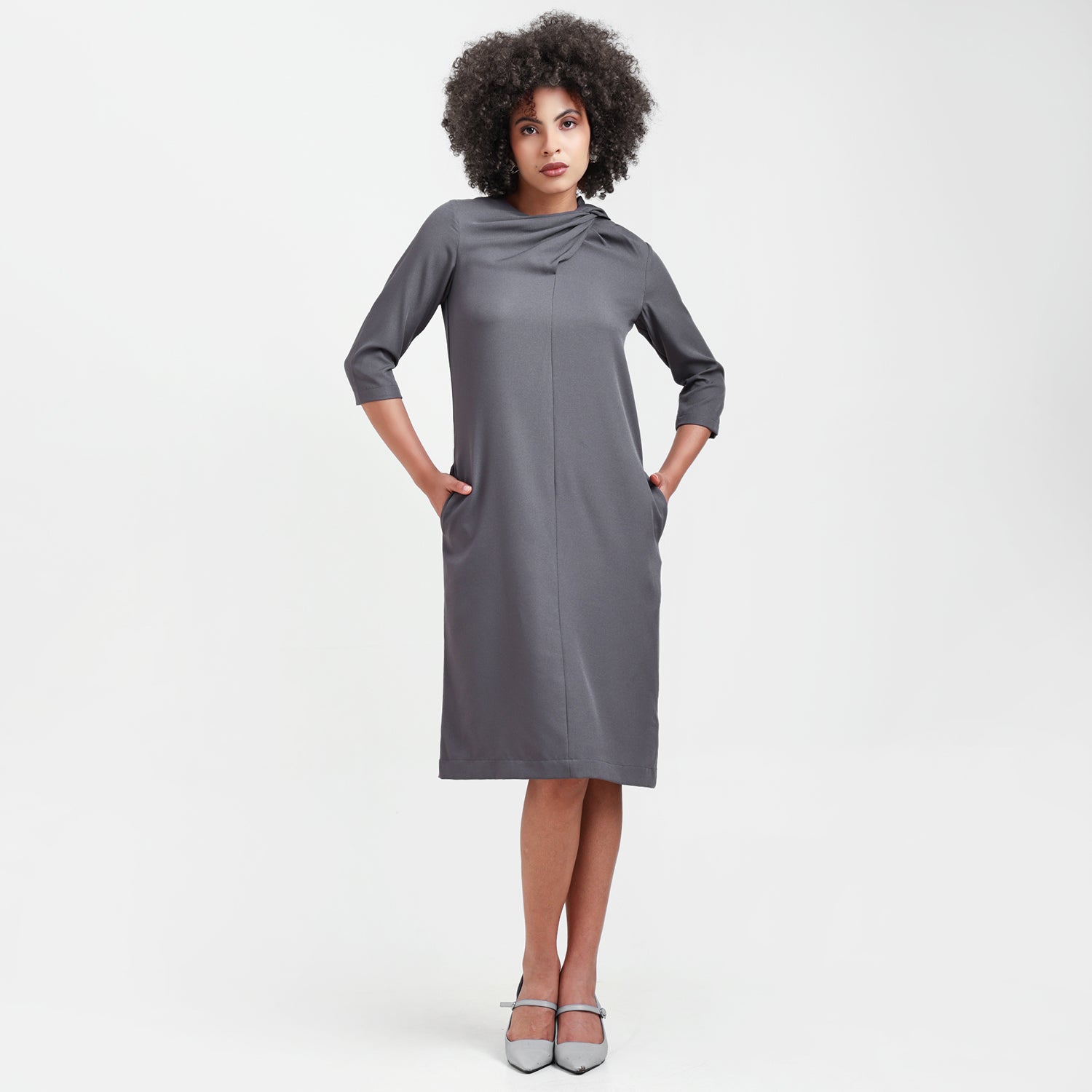 Grey Cowl Neck Drape Dress