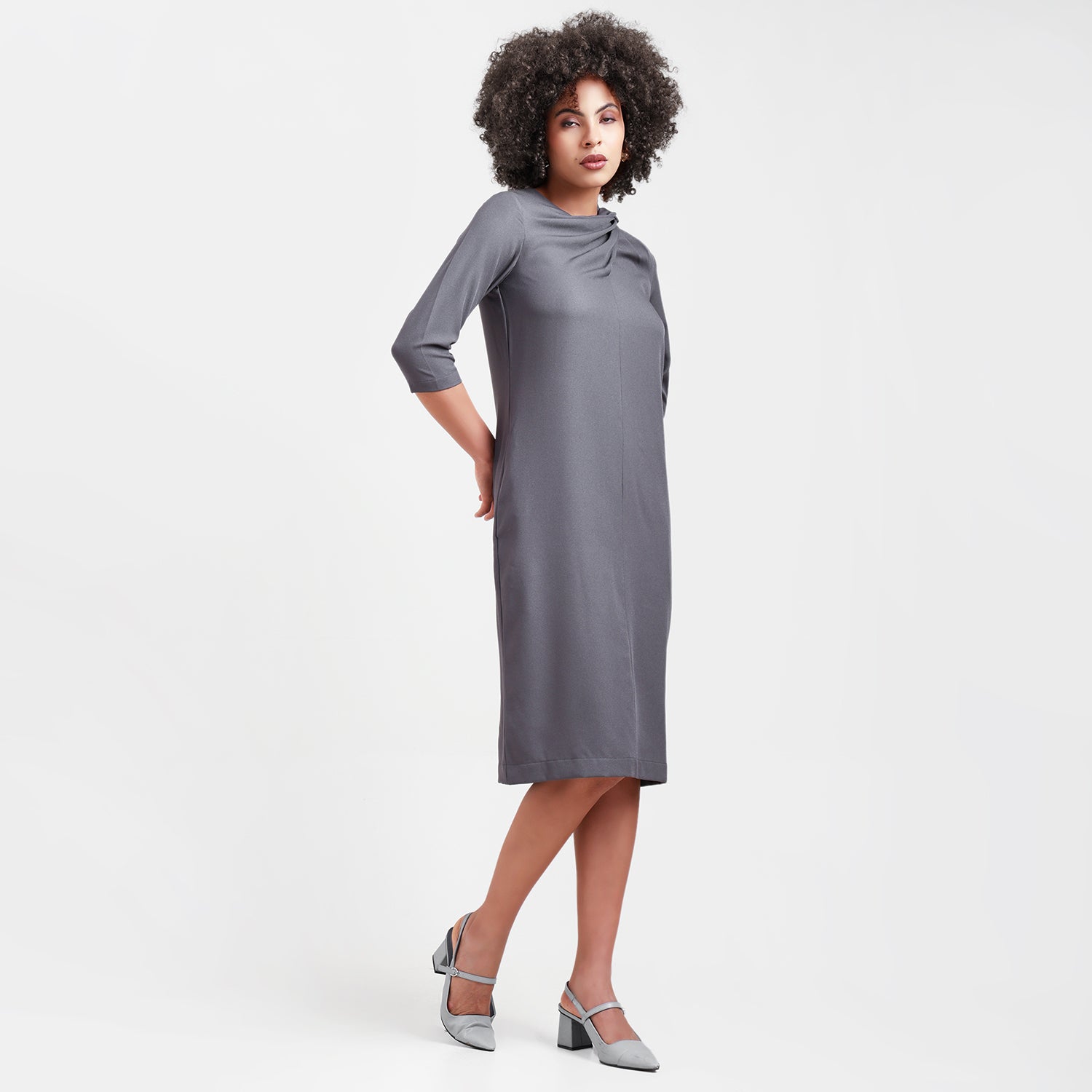 Grey Cowl Neck Drape Dress