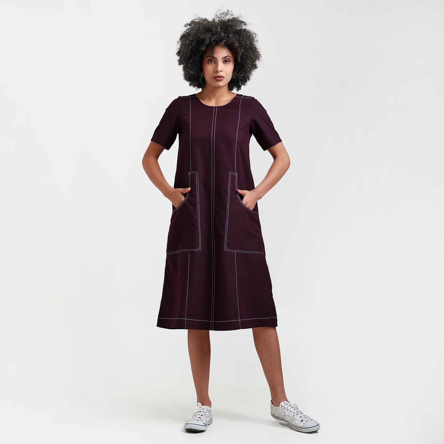 Prune Dress With White Top Stitch