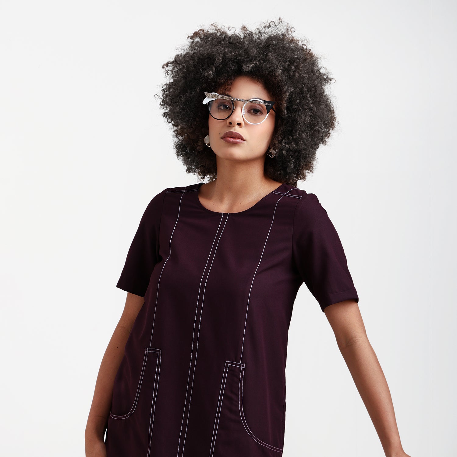 Prune Dress With White Top Stitch