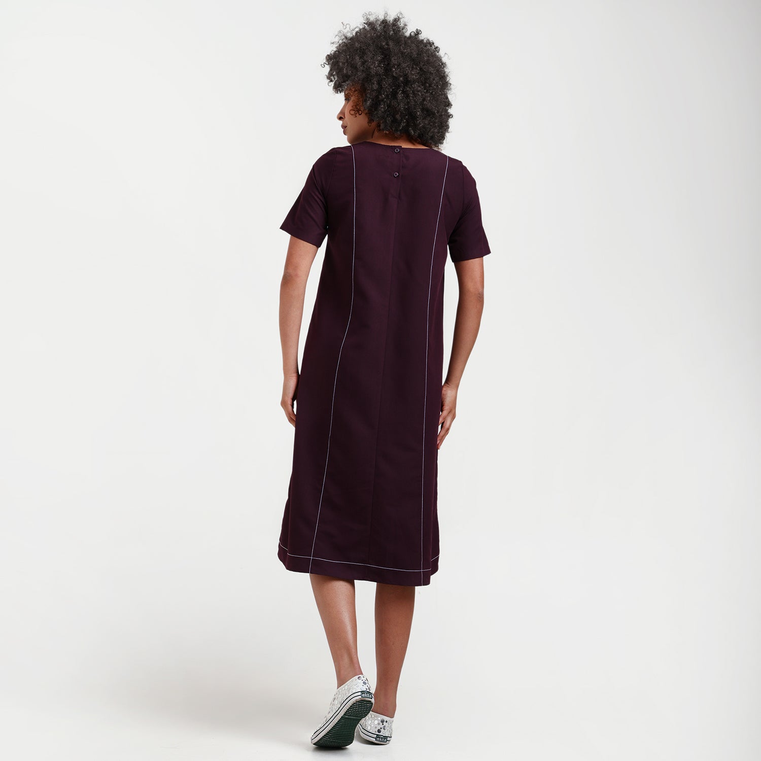 Prune Dress With White Top Stitch