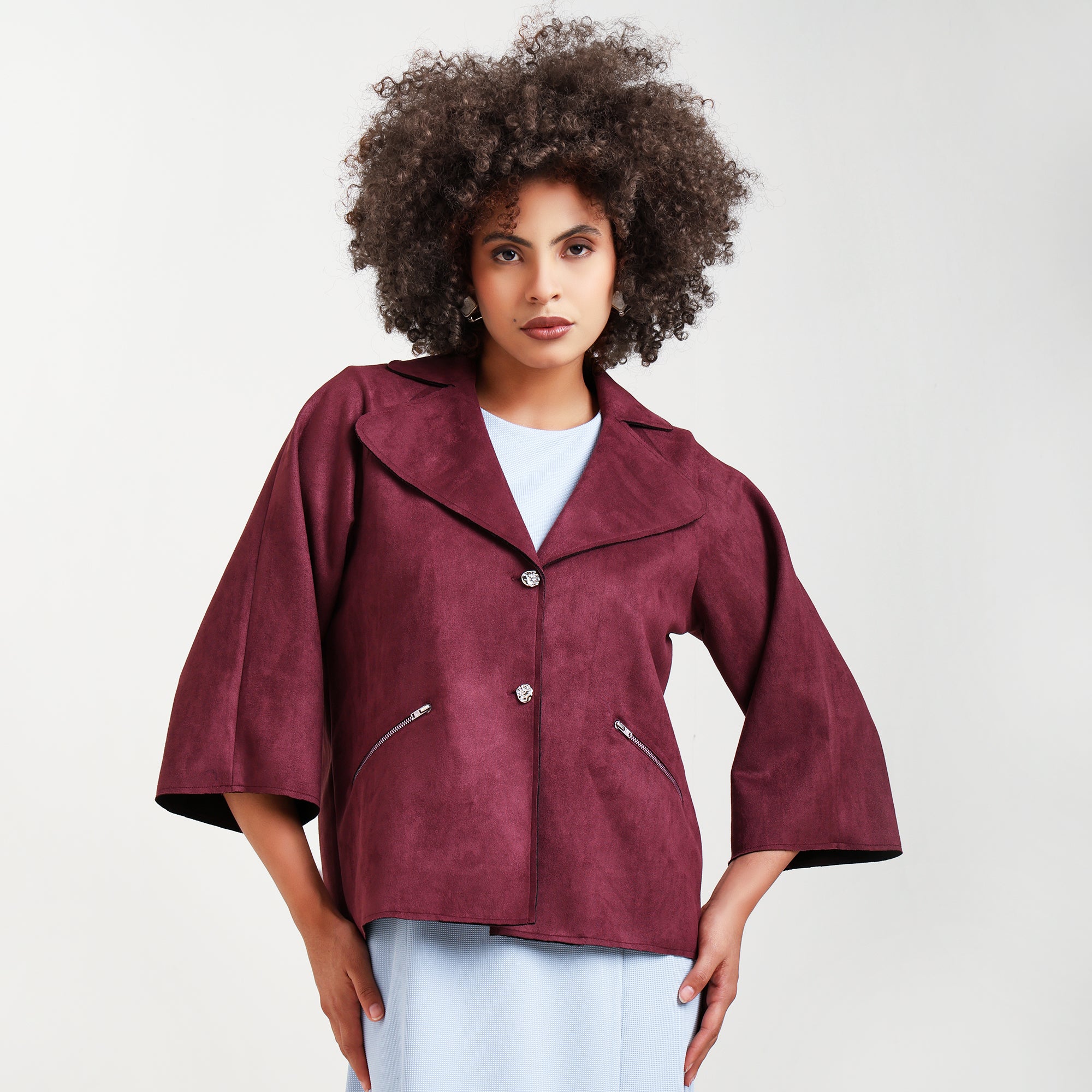 Wine Suede Jacket Bell Sleeve With Metal Silver Zip At Pocket