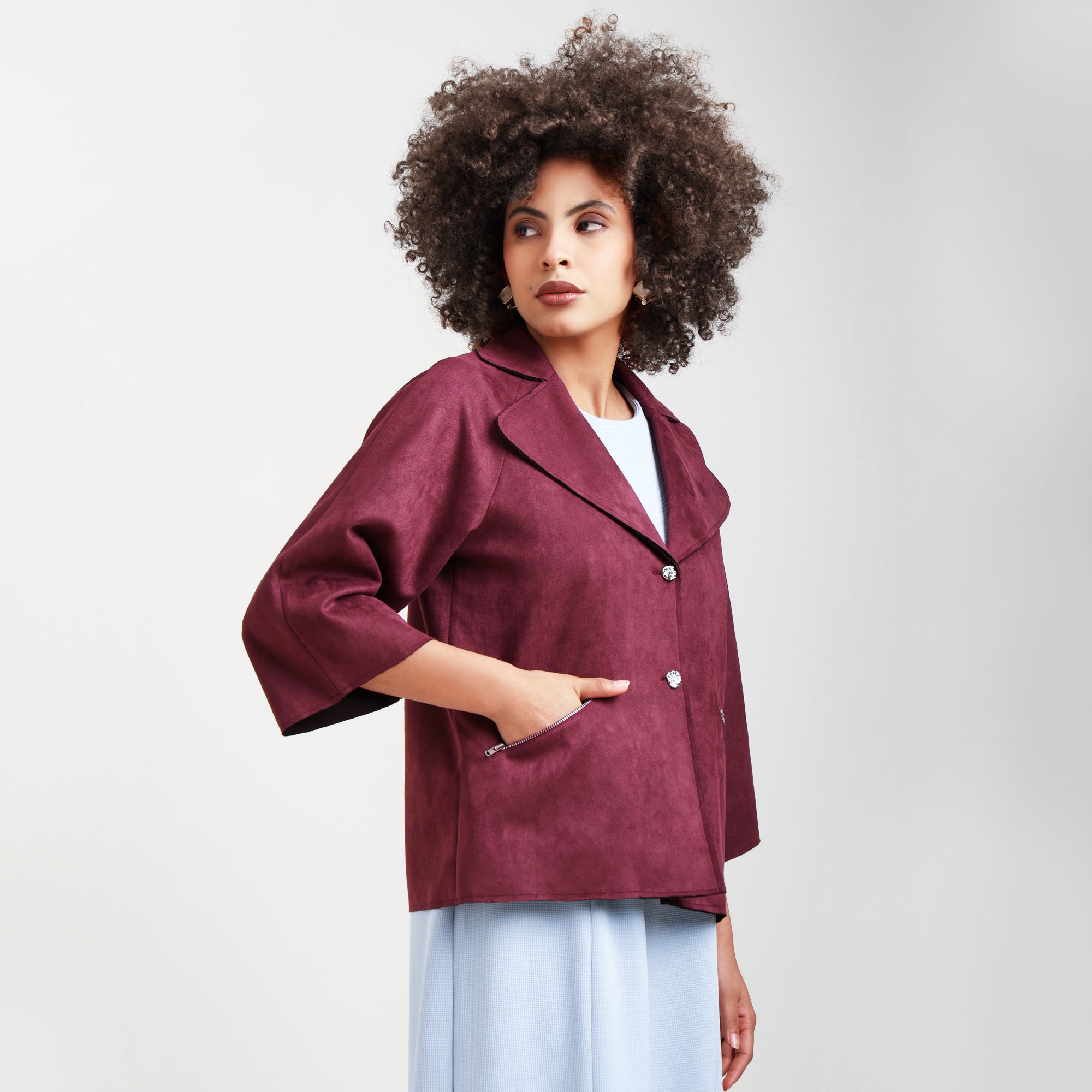 Wine Suede Jacket Bell Sleeve With Metal Silver Zip At Pocket