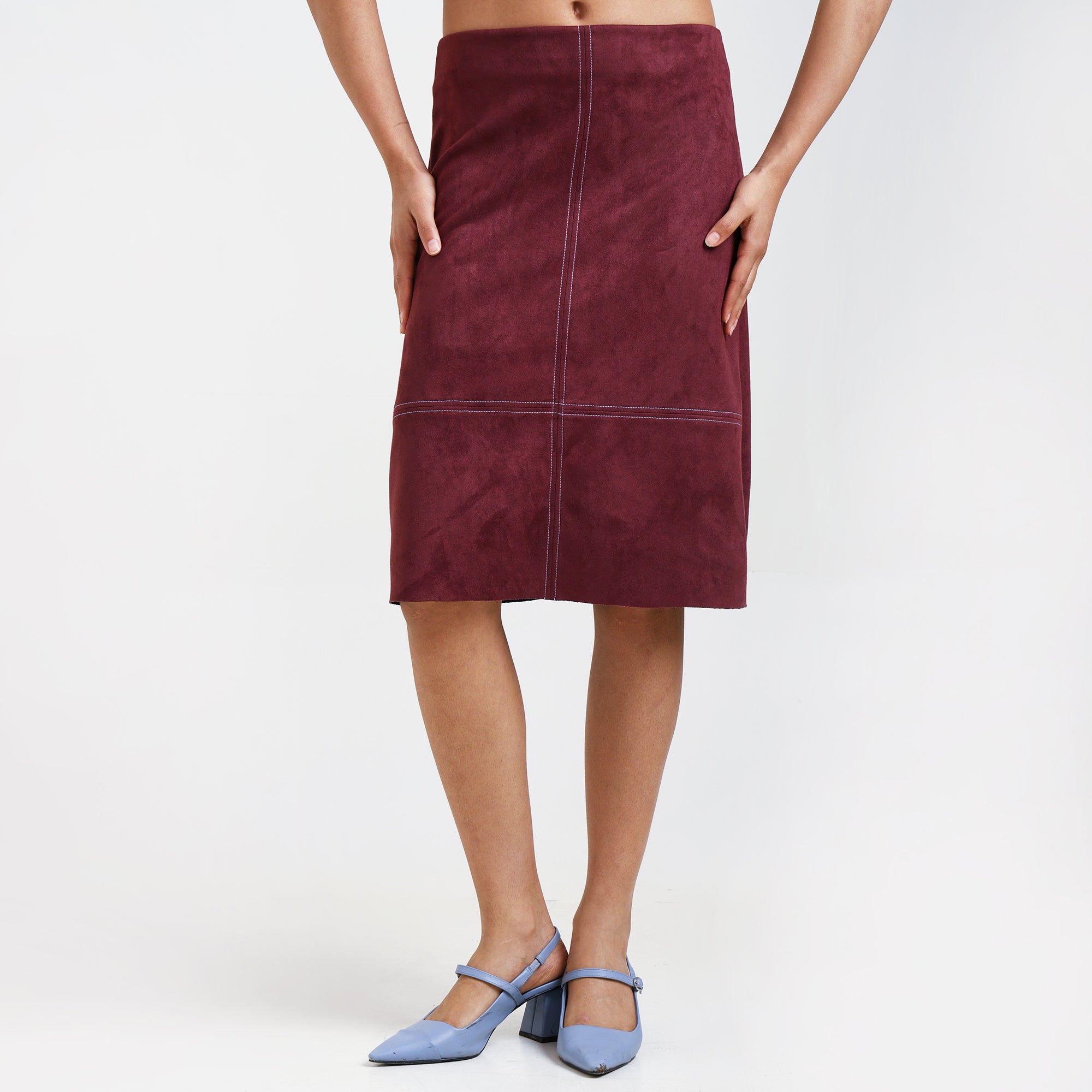 Wine Suede Skirt With Top Stitch