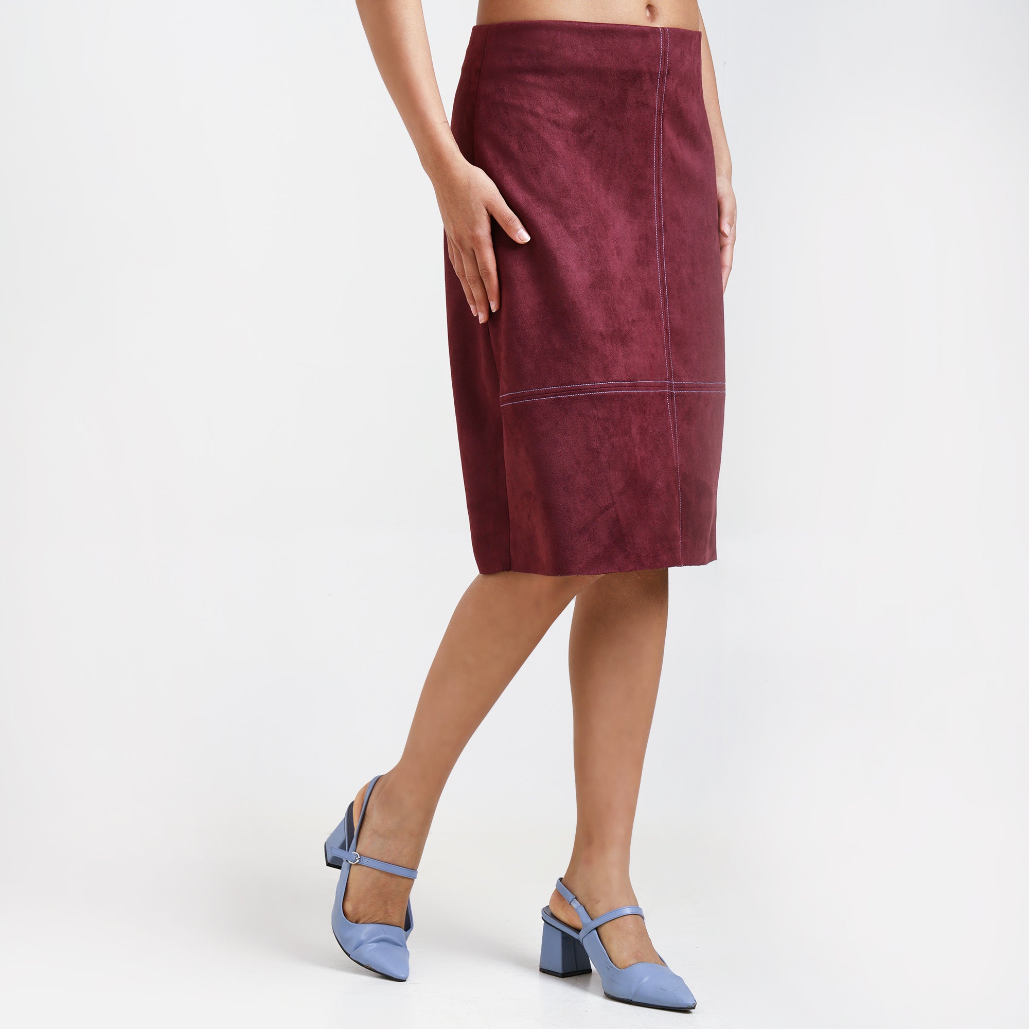 Wine Suede Skirt With Top Stitch