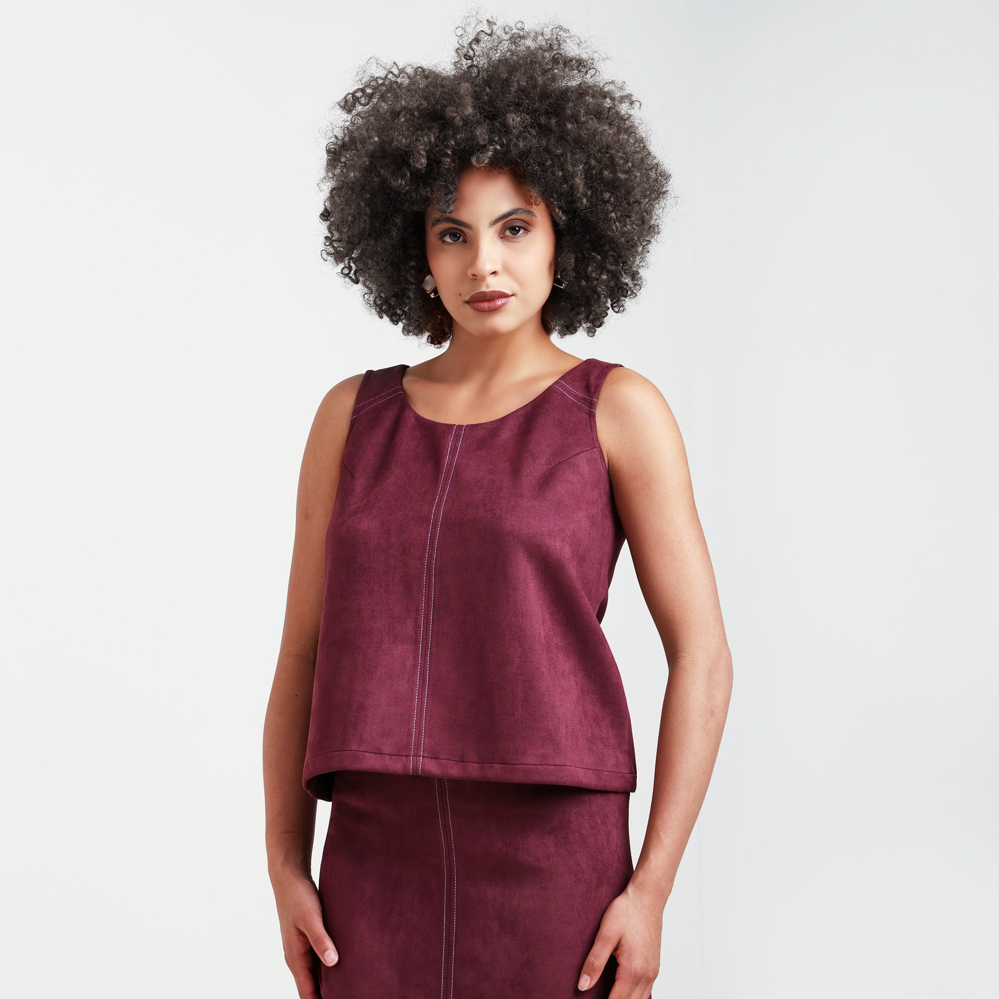 Wine Sleevless Top With Shoulder Top Stitch