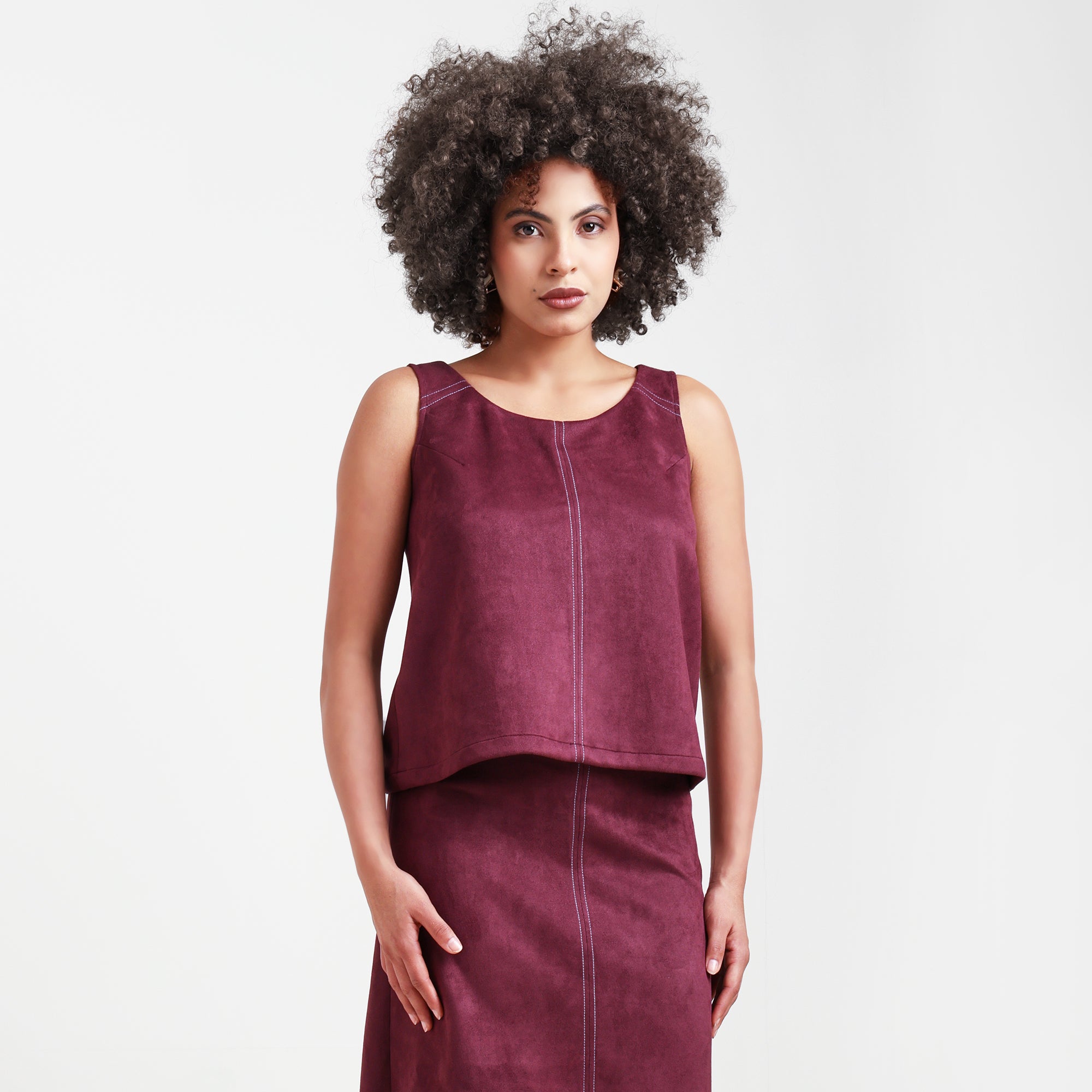 Wine Sleevless Top With Shoulder Top Stitch