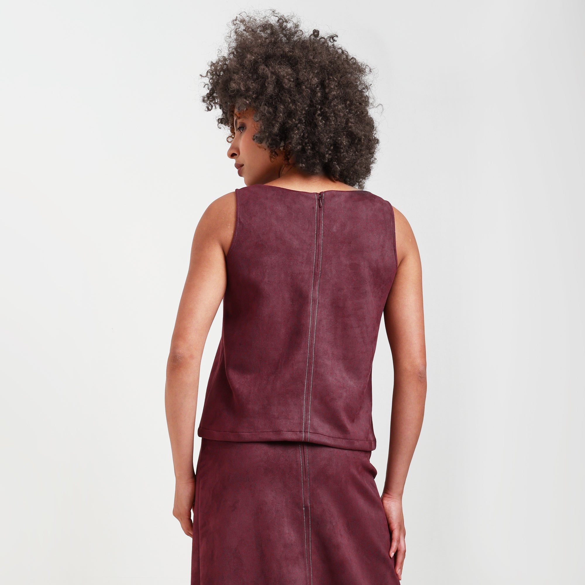 Wine Sleevless Top With Shoulder Top Stitch