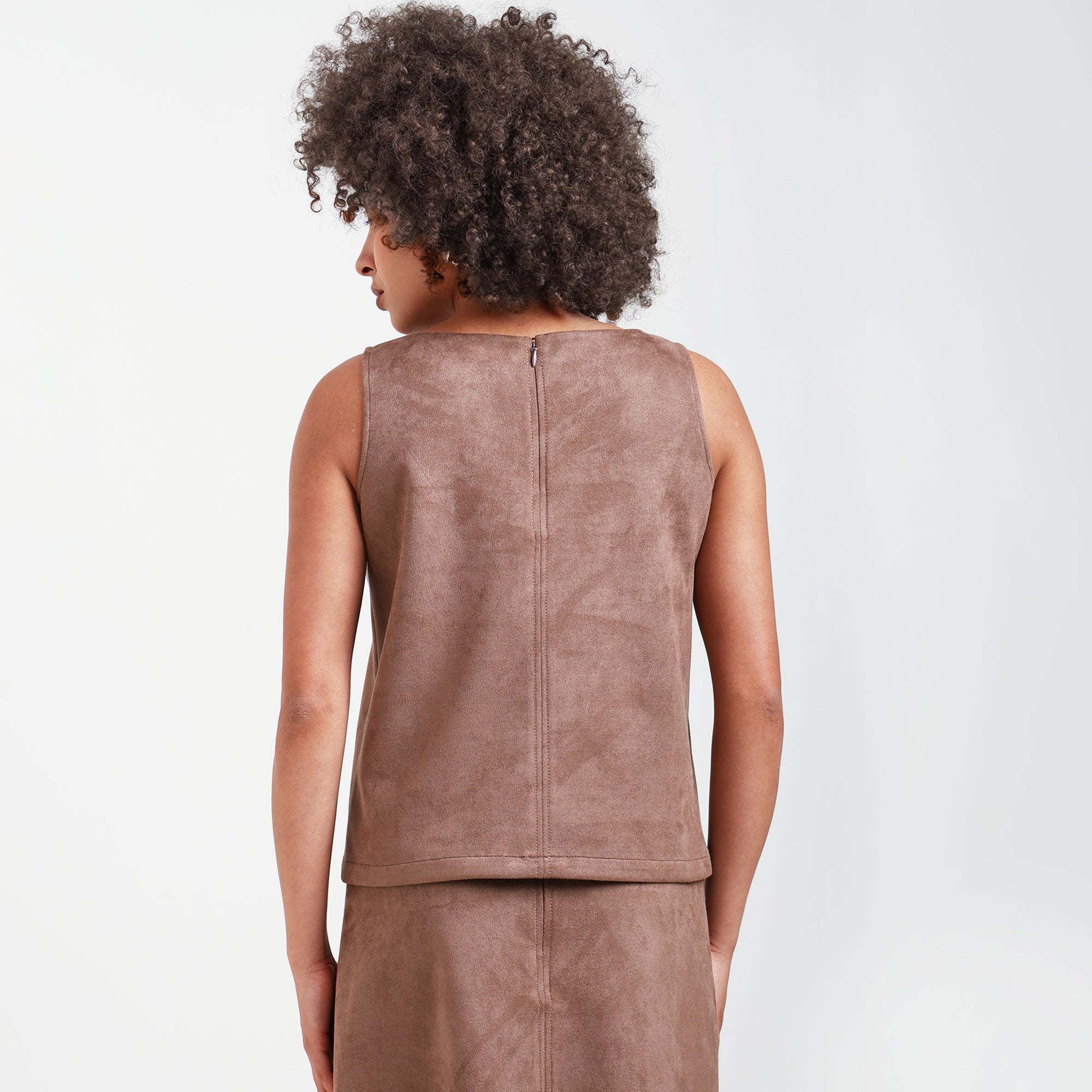 Brown Sleevless Suede Top With Shoulder Top Stitch
