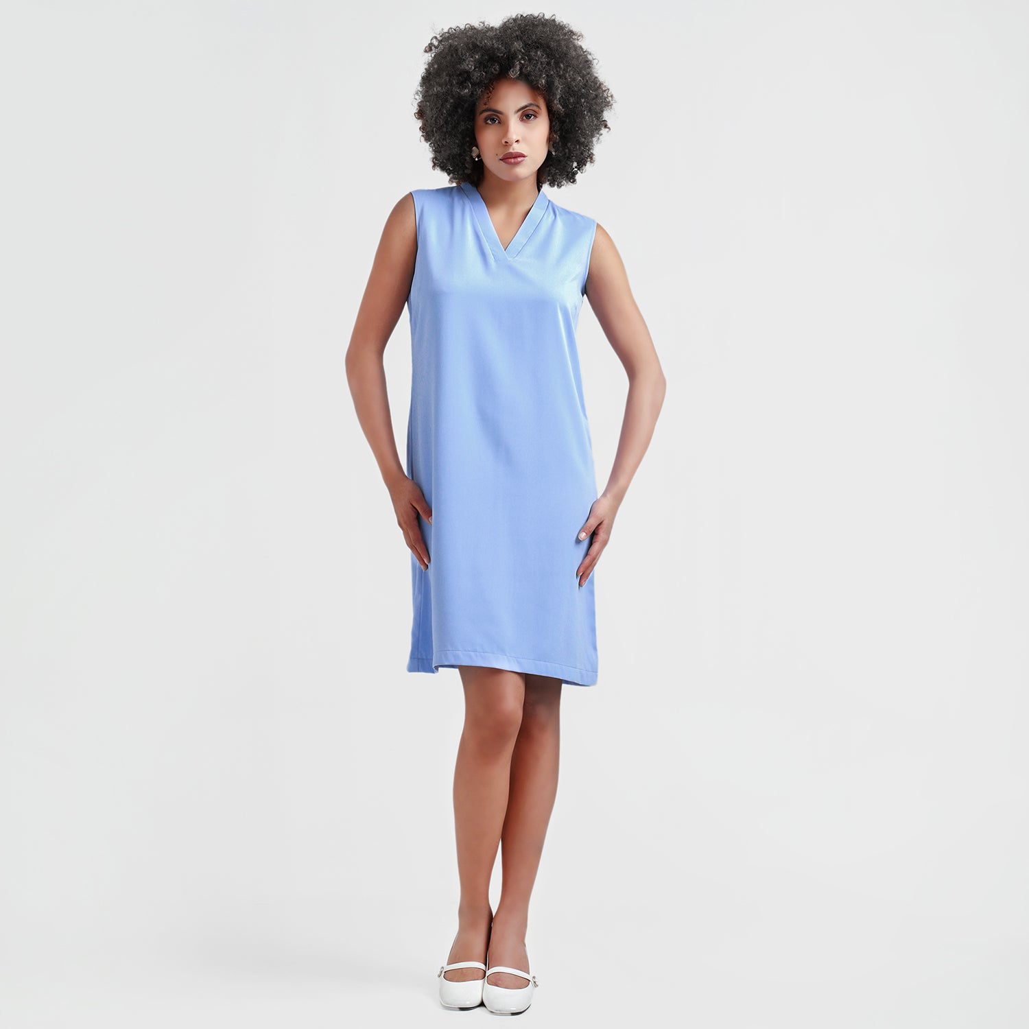 Blue V-Neck Crepe Dress