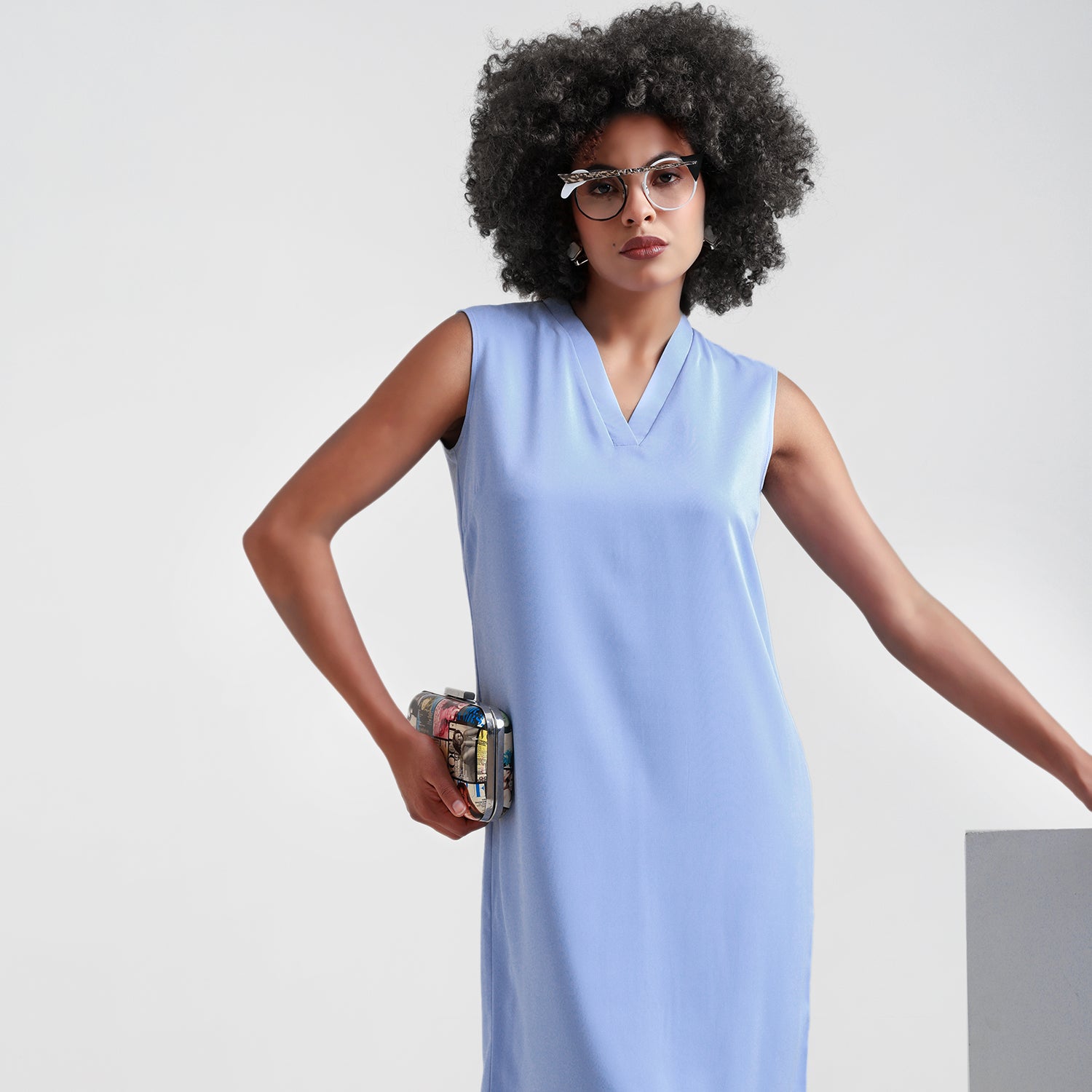 Blue V-Neck Crepe Dress