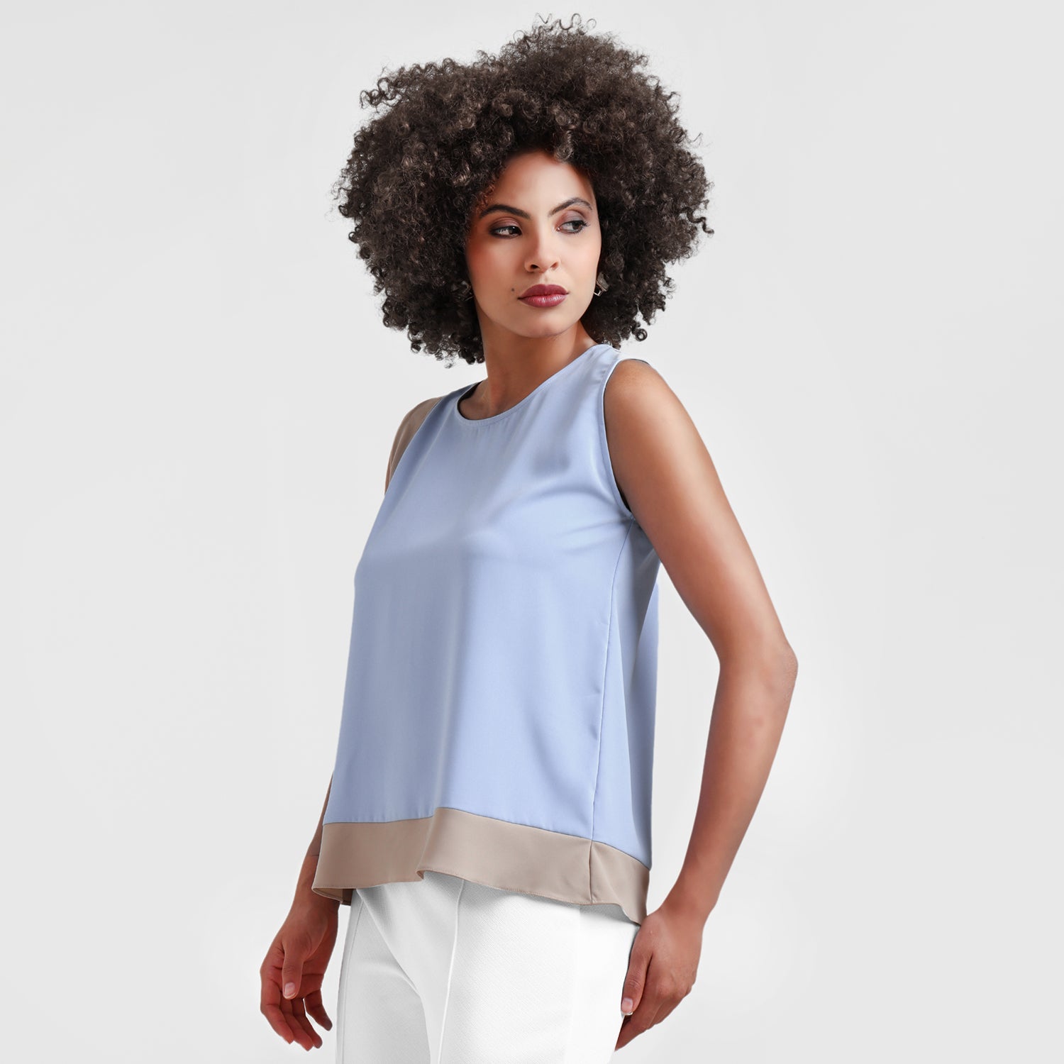 Blue And Beige Crepe Side Frill Top