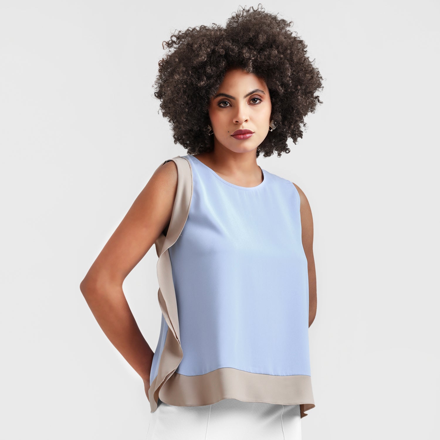 Blue And Beige Crepe Side Frill Top