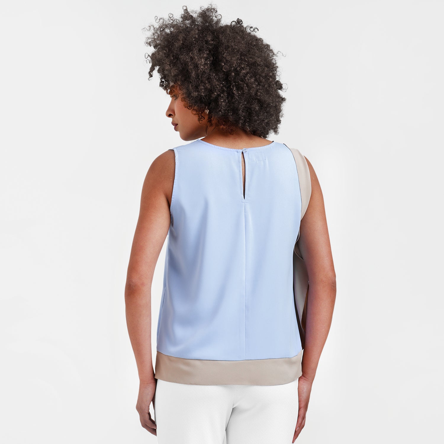 Blue And Beige Crepe Side Frill Top