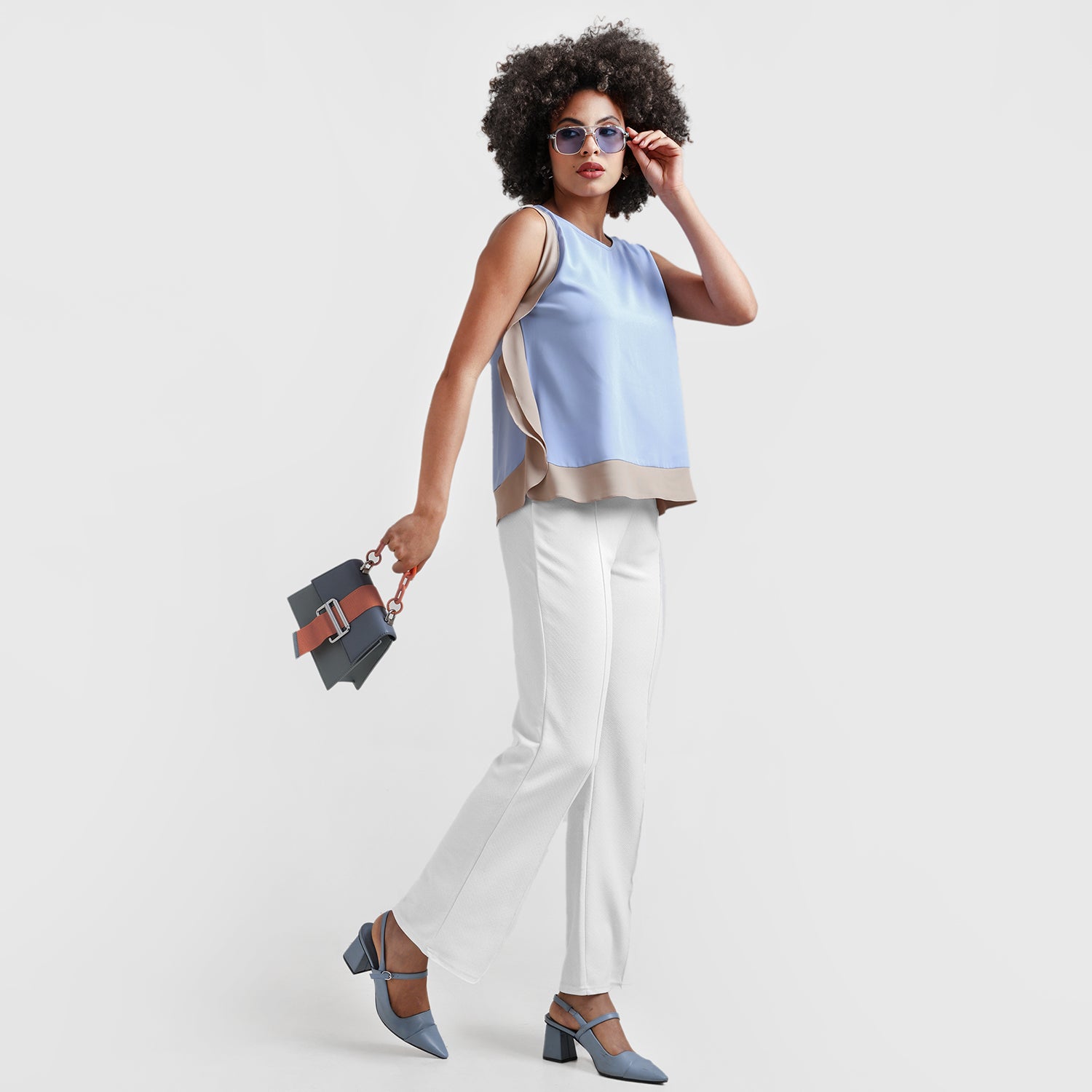 Blue And Beige Crepe Side Frill Top