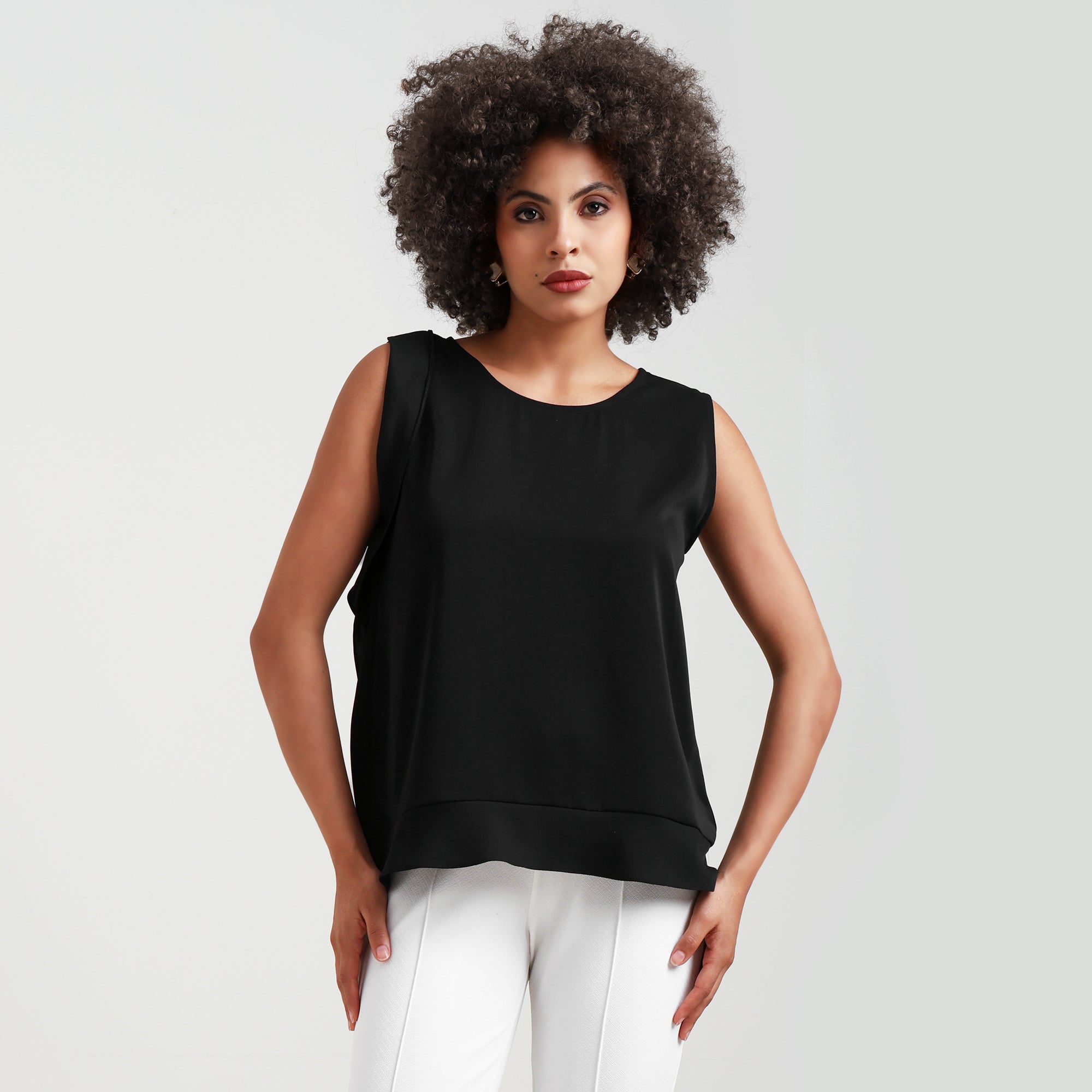 Black Crepe Side Frill Top