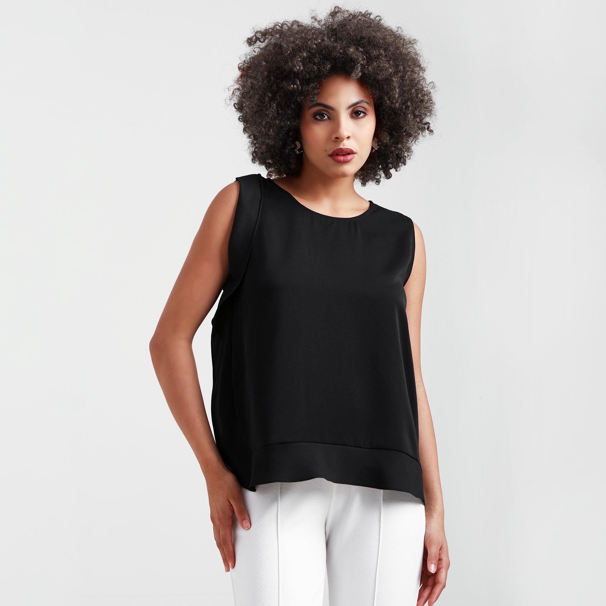 Black Crepe Side Frill Top
