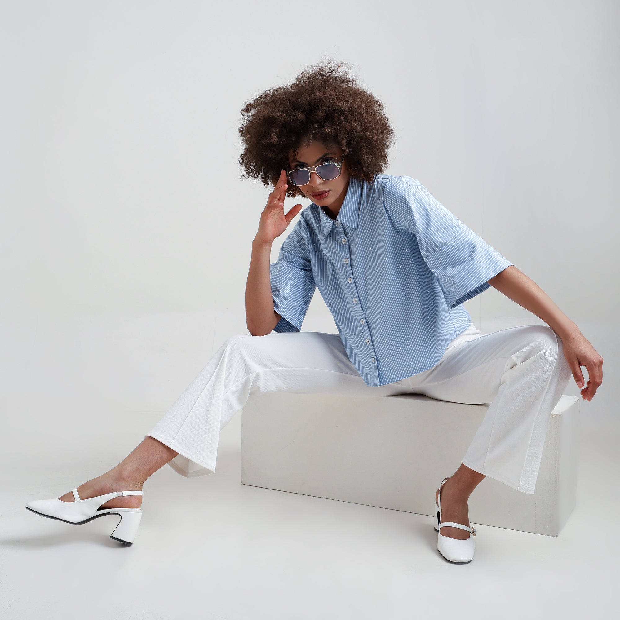 Blue Striped Cotton Shirt With Studs