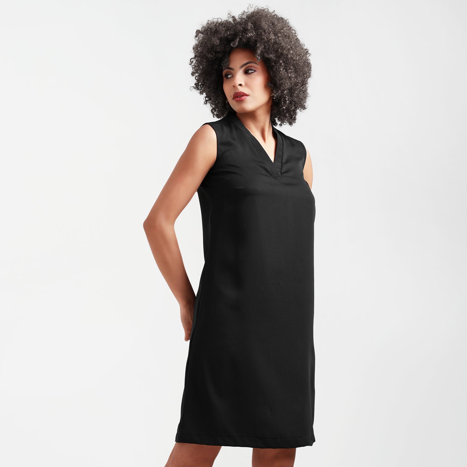 Black V-Neck Crepe Dress