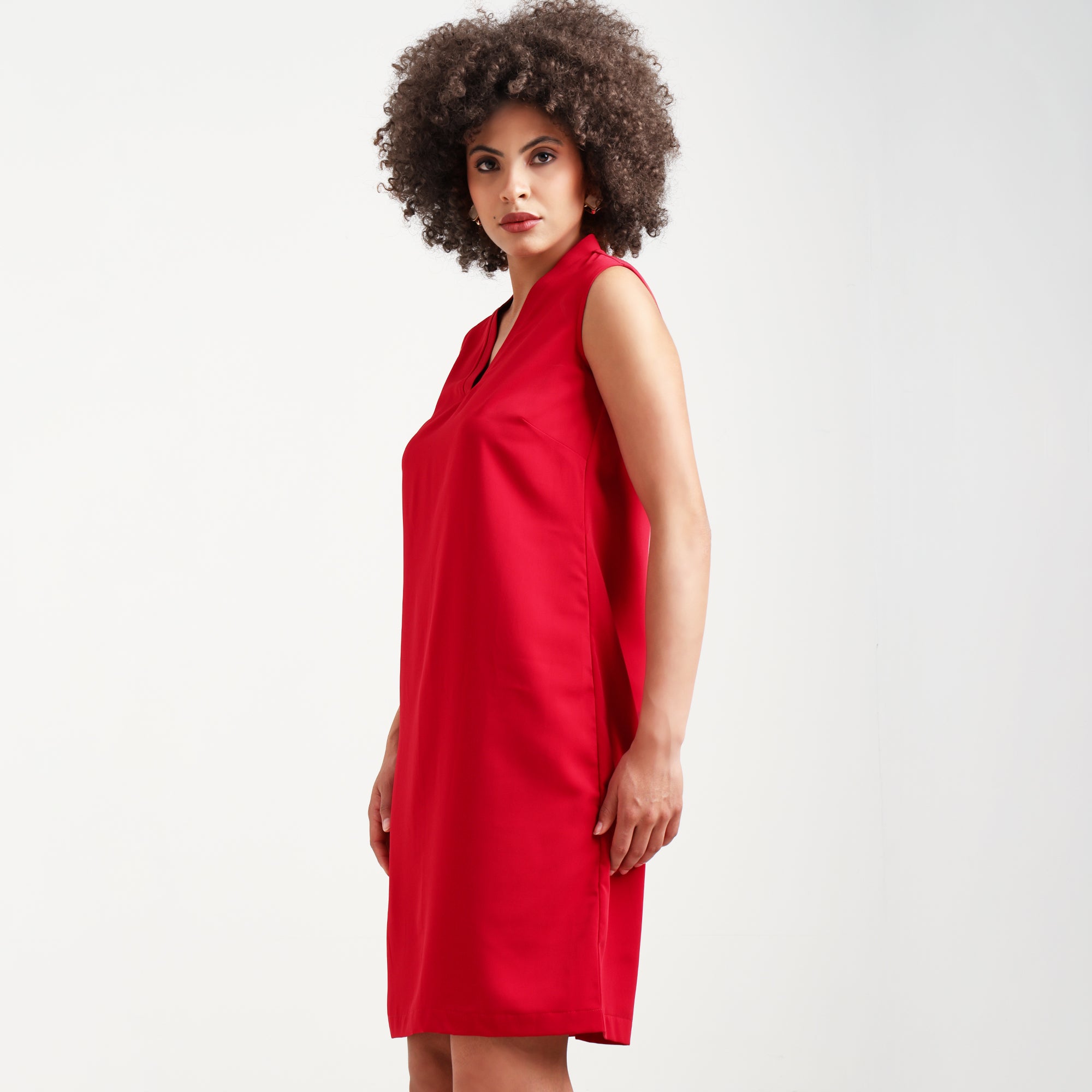 Red V-Neck Crepe Dress