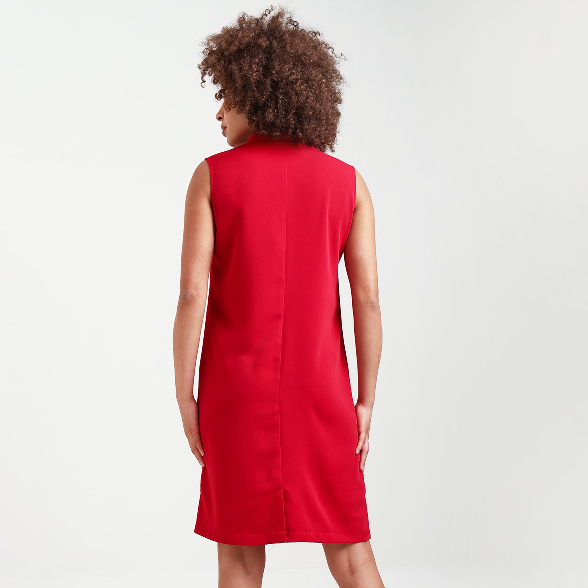 Red V-Neck Crepe Dress
