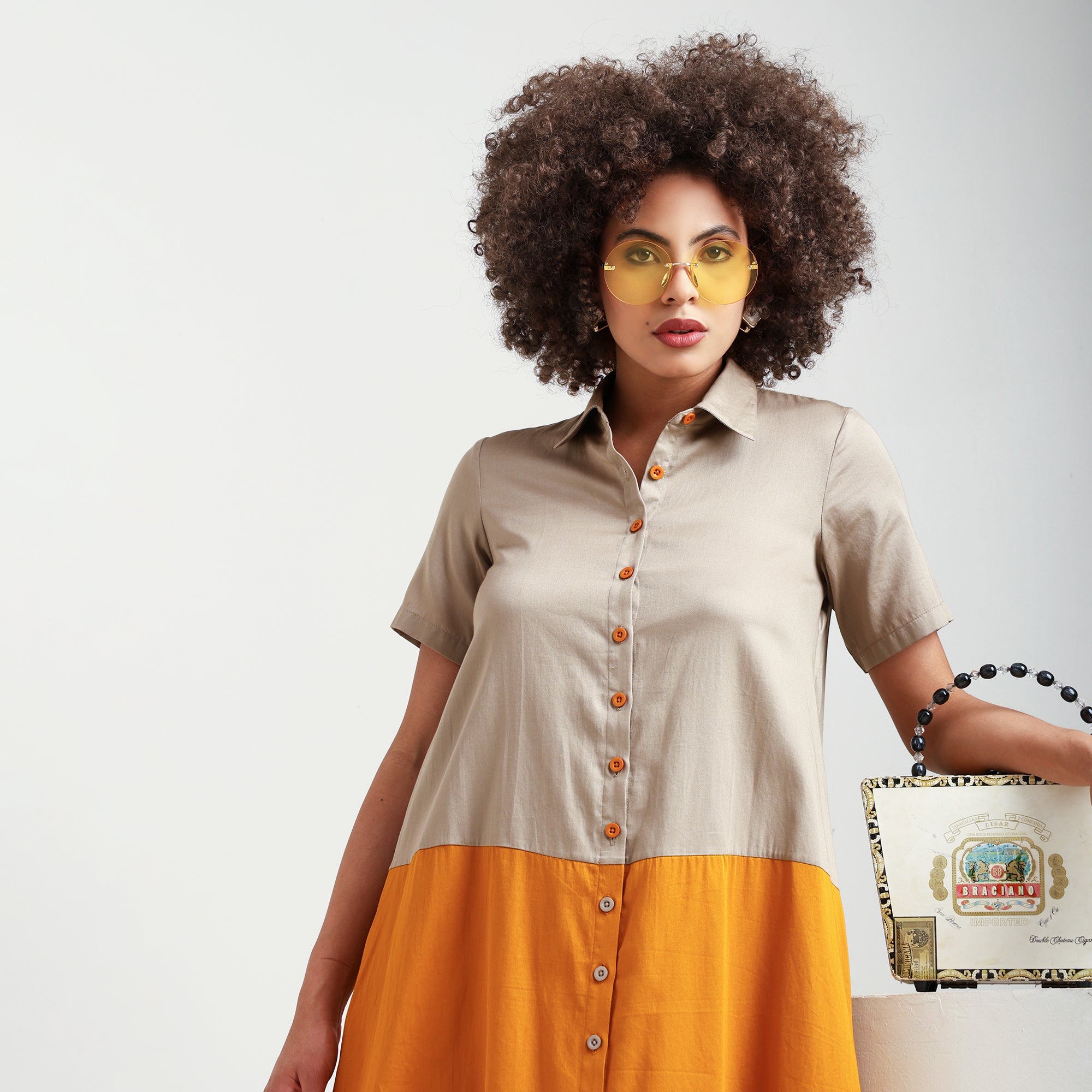 Yellow & Beige A-Line Cotton Dress