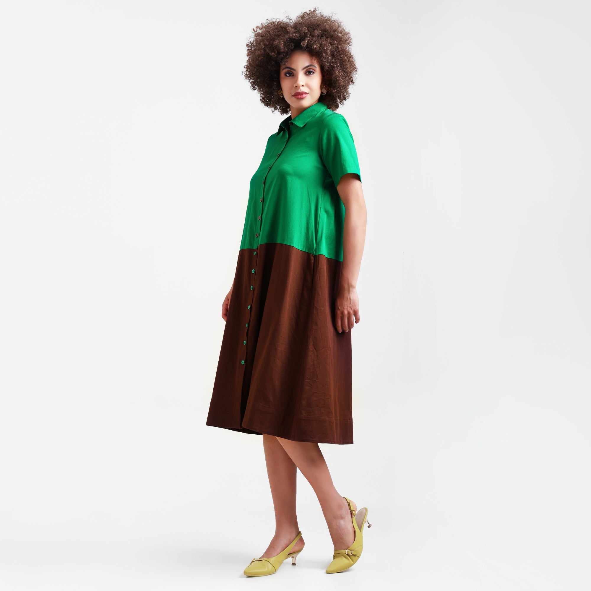 Green & Brown A-Line Cotton Dress
