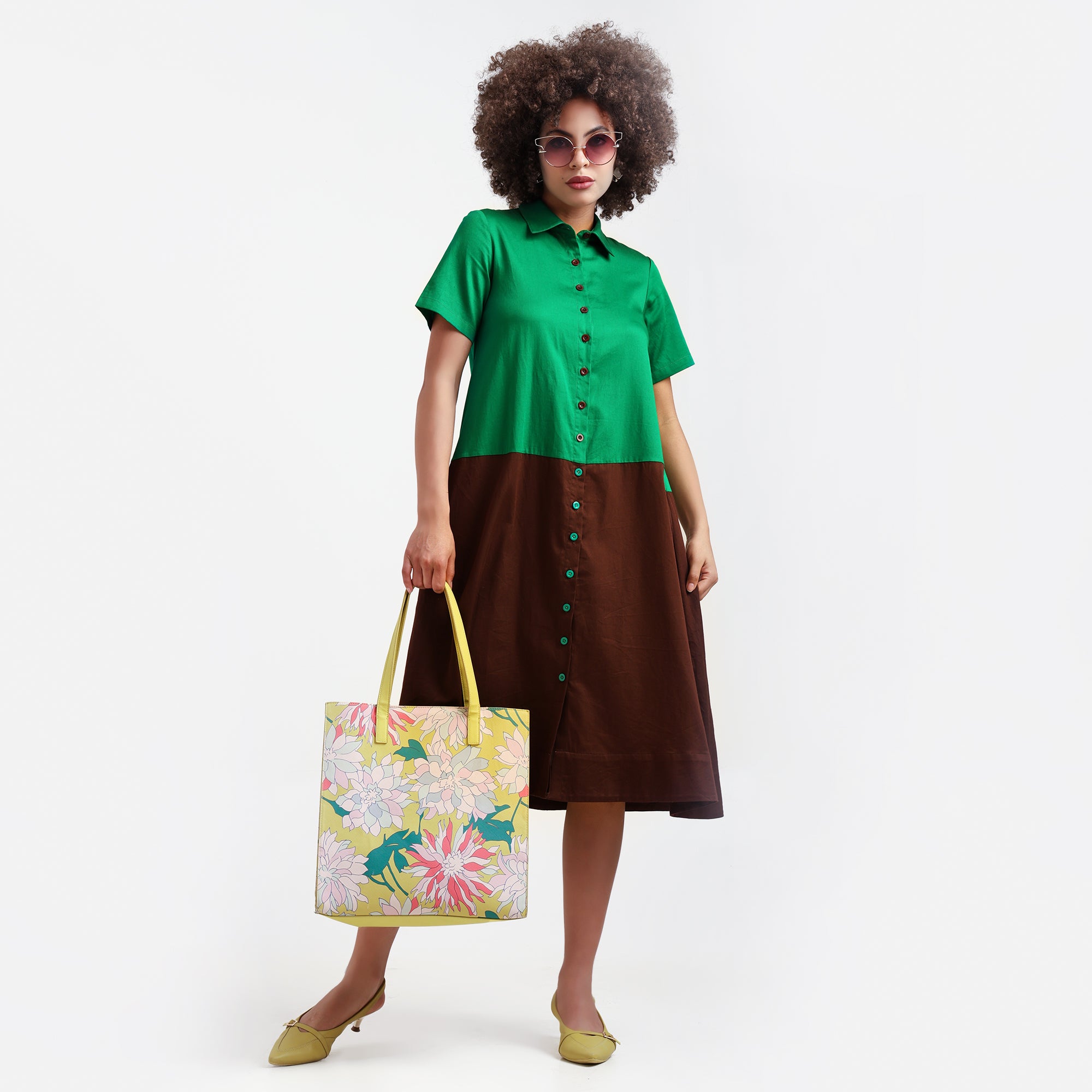 Green & Brown A-Line Cotton Dress