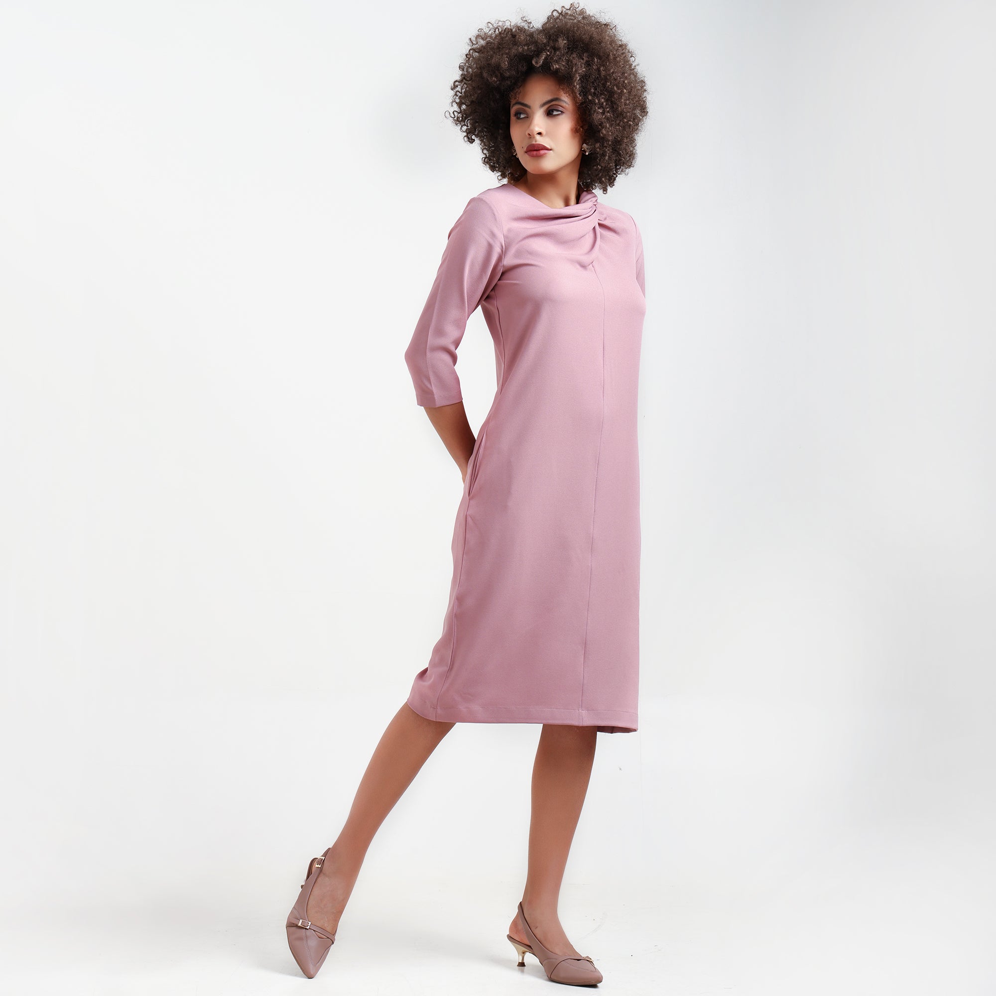 Peach Cowl Neck Drape Dress