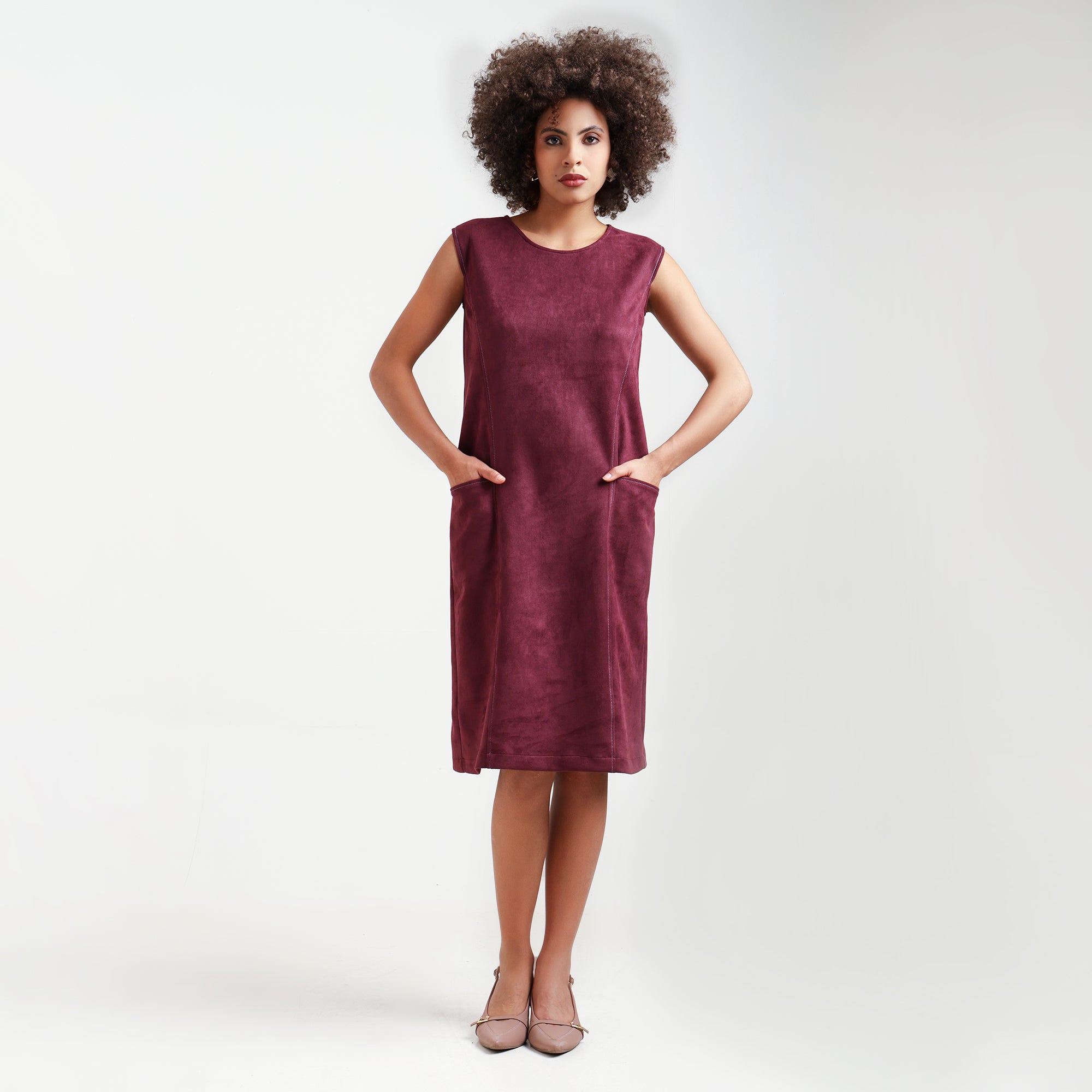 Wine Suede Dress With Pocket Top Stitch With Pocket