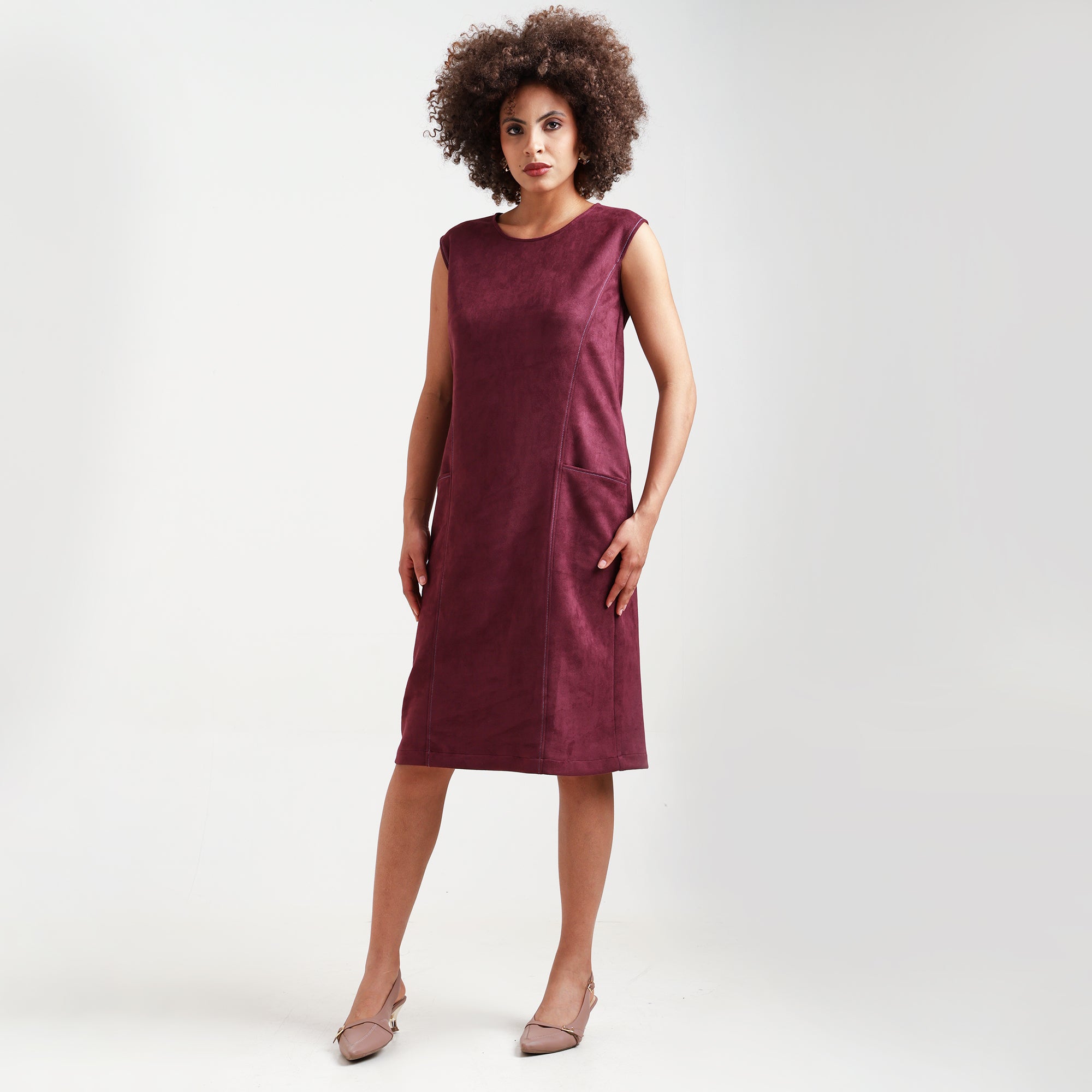 Wine Suede Dress With Pocket Top Stitch With Pocket